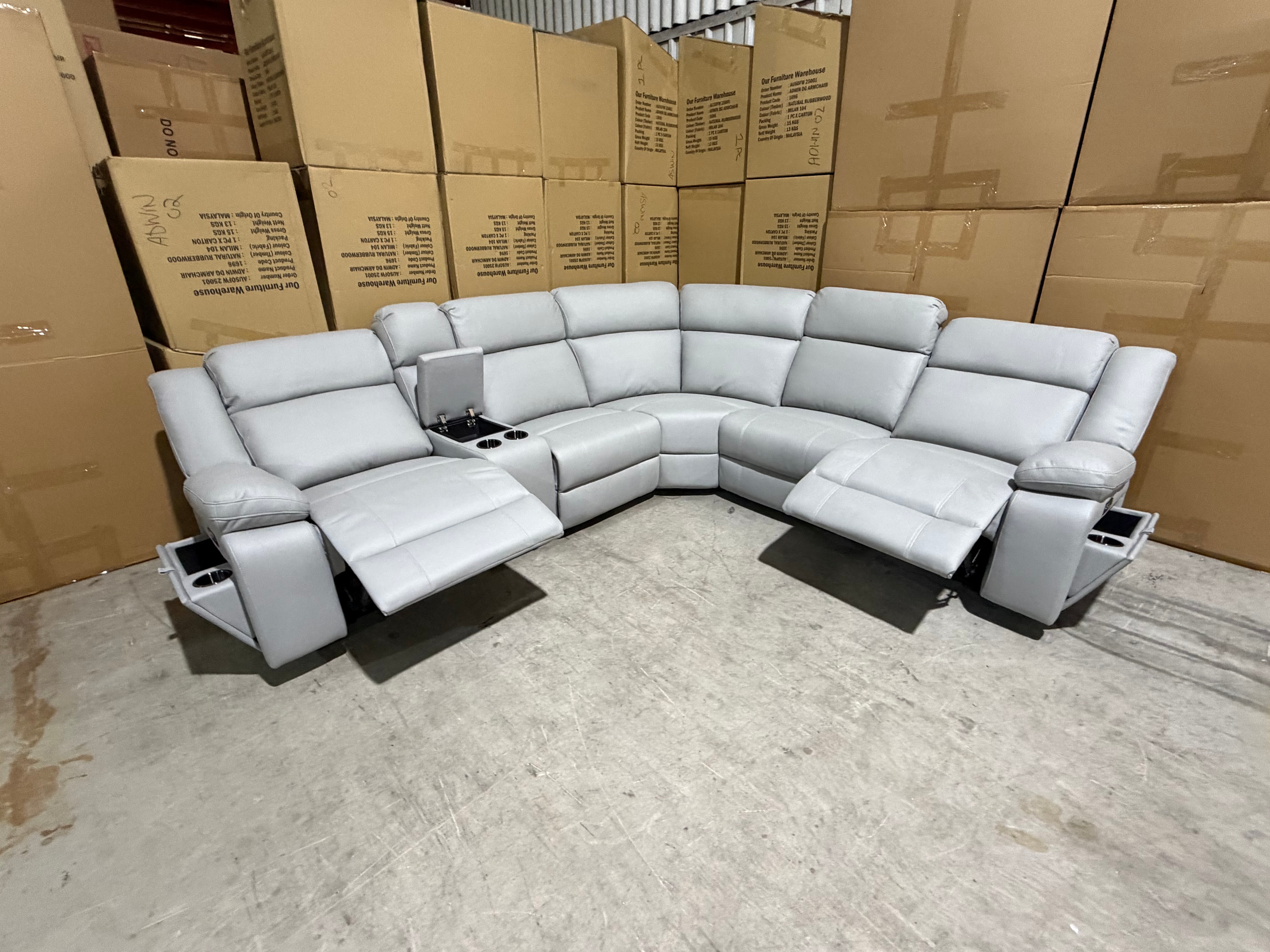 Kenso 6pce modular Lounge with 2 Dual Motion Recliners Soft Rhino Light Grey