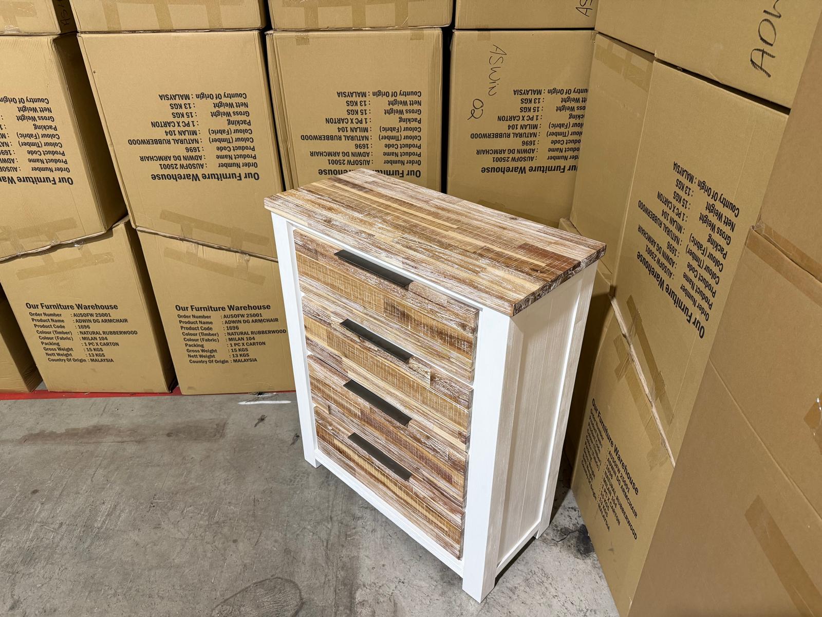 Springbrook Tallboy with 4 draws driftwood/ white finish acacia timber