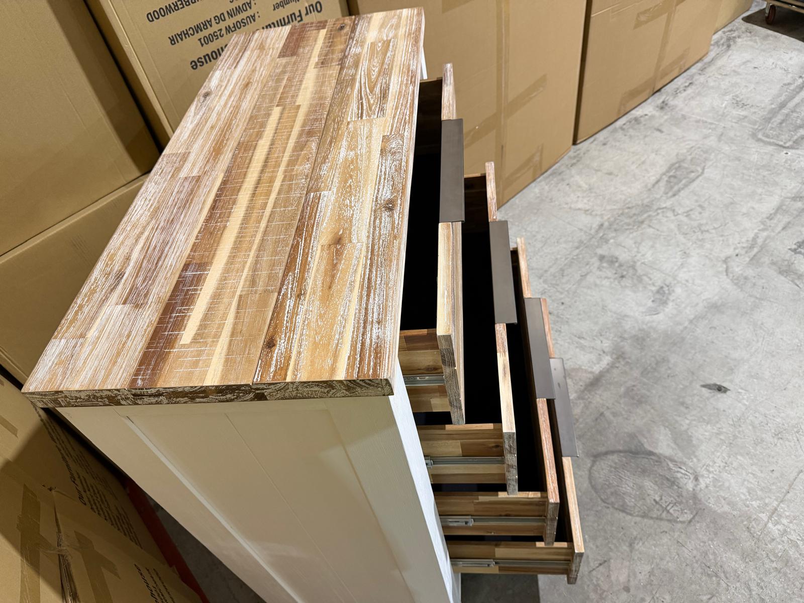 Springbrook Tallboy with 4 draws driftwood/ white finish acacia timber