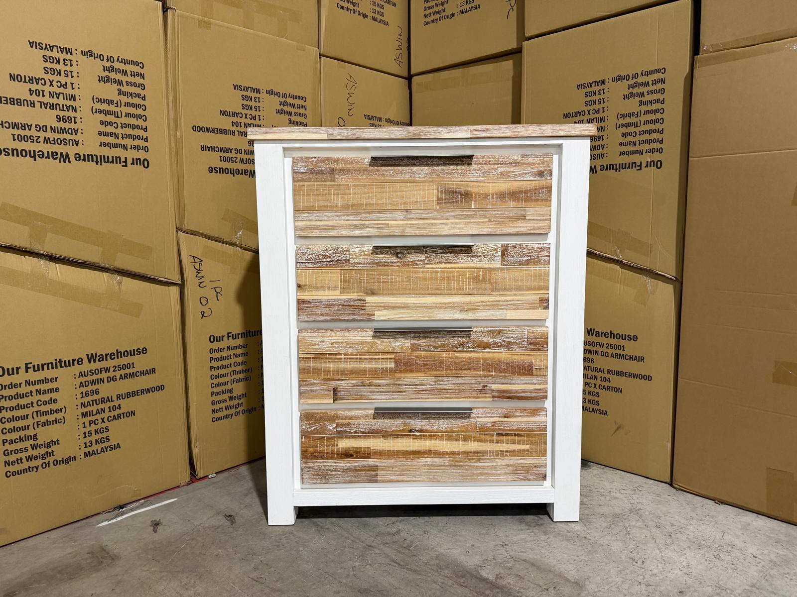 Springbrook Tallboy with 4 draws driftwood/ white finish acacia timber