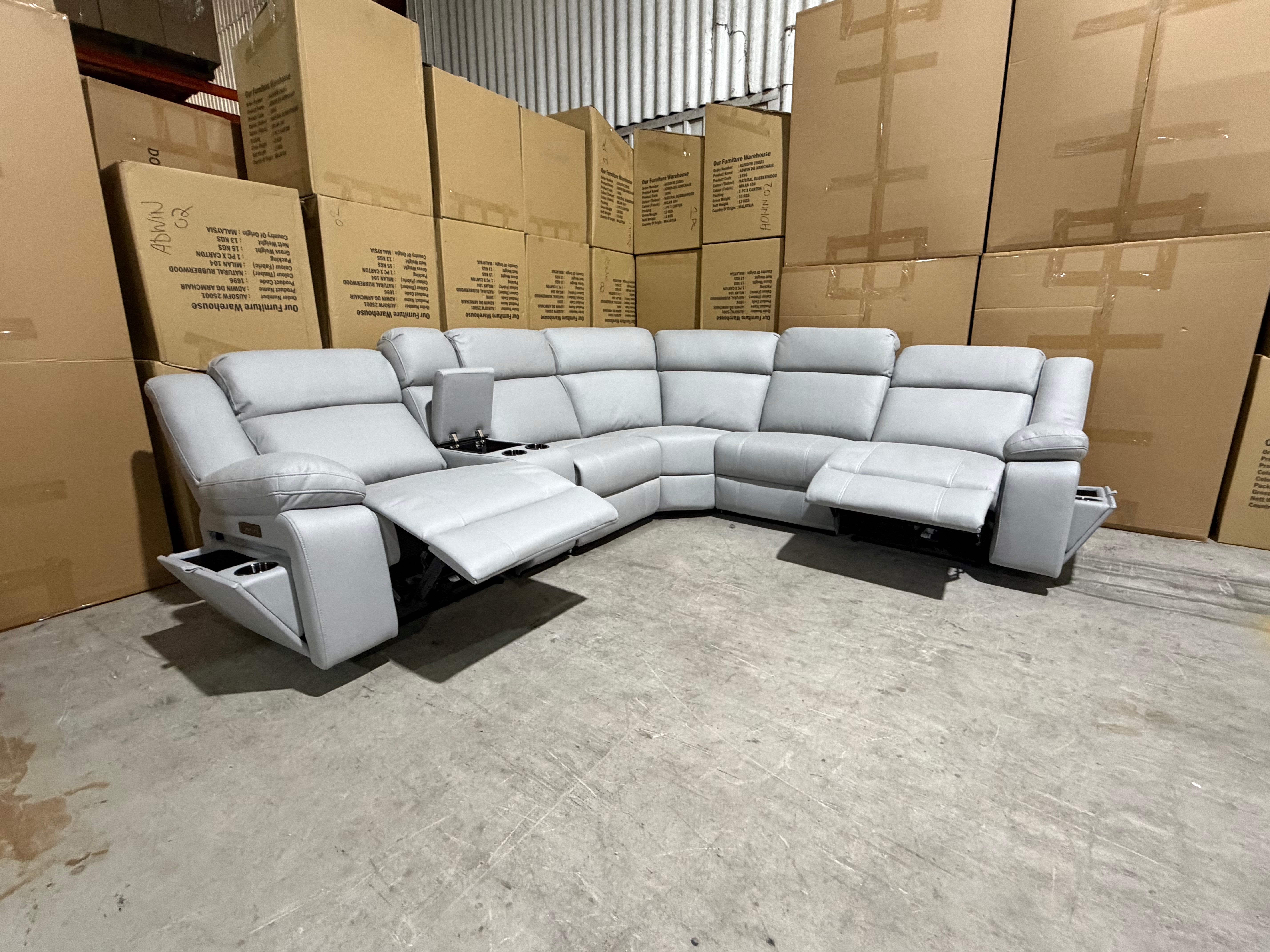 Kenso 6pce modular Lounge with 2 Dual Motion Recliners Soft Rhino Light Grey