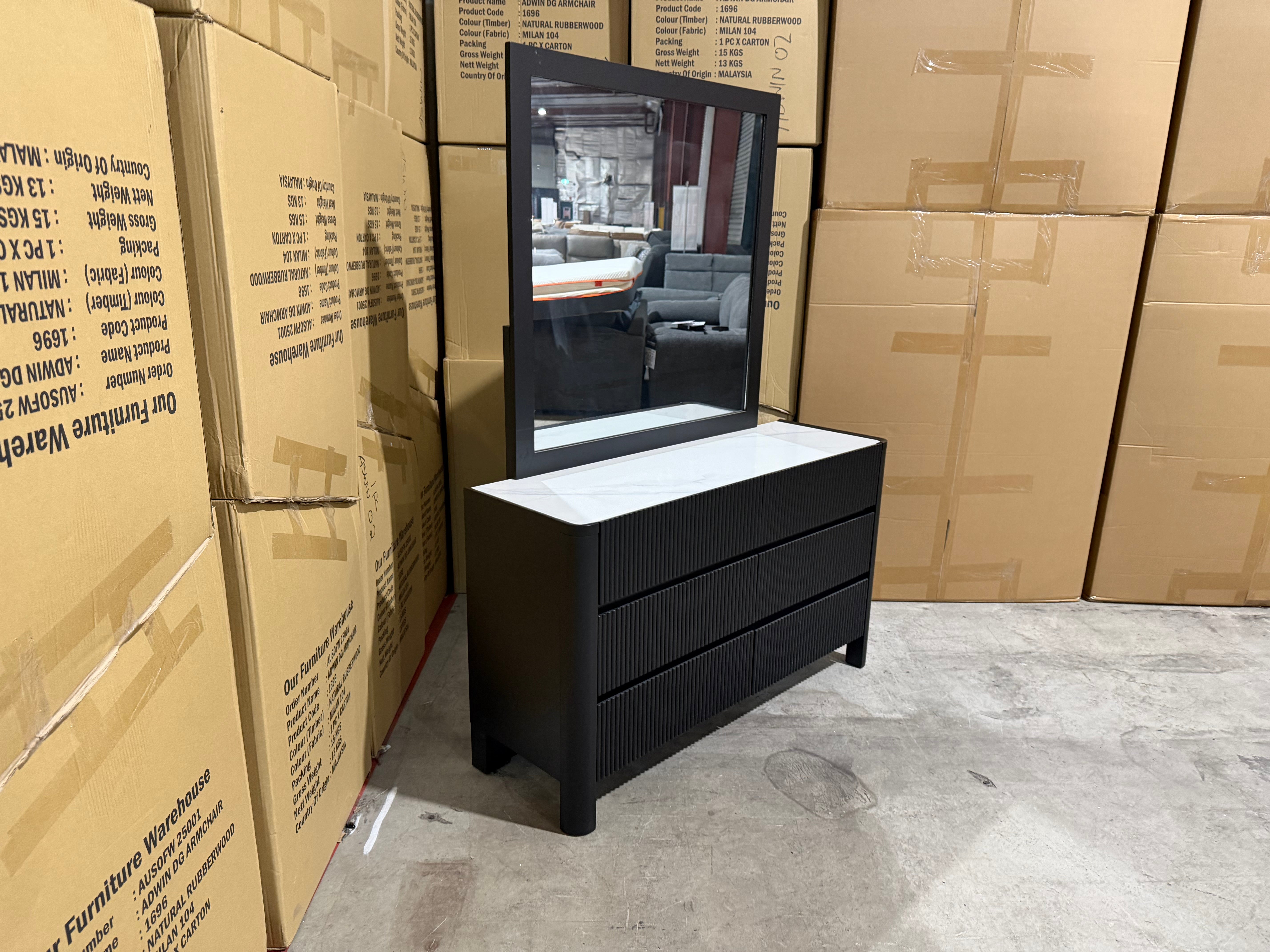 Portugal dressing table with mirror black finish with marble looking top
