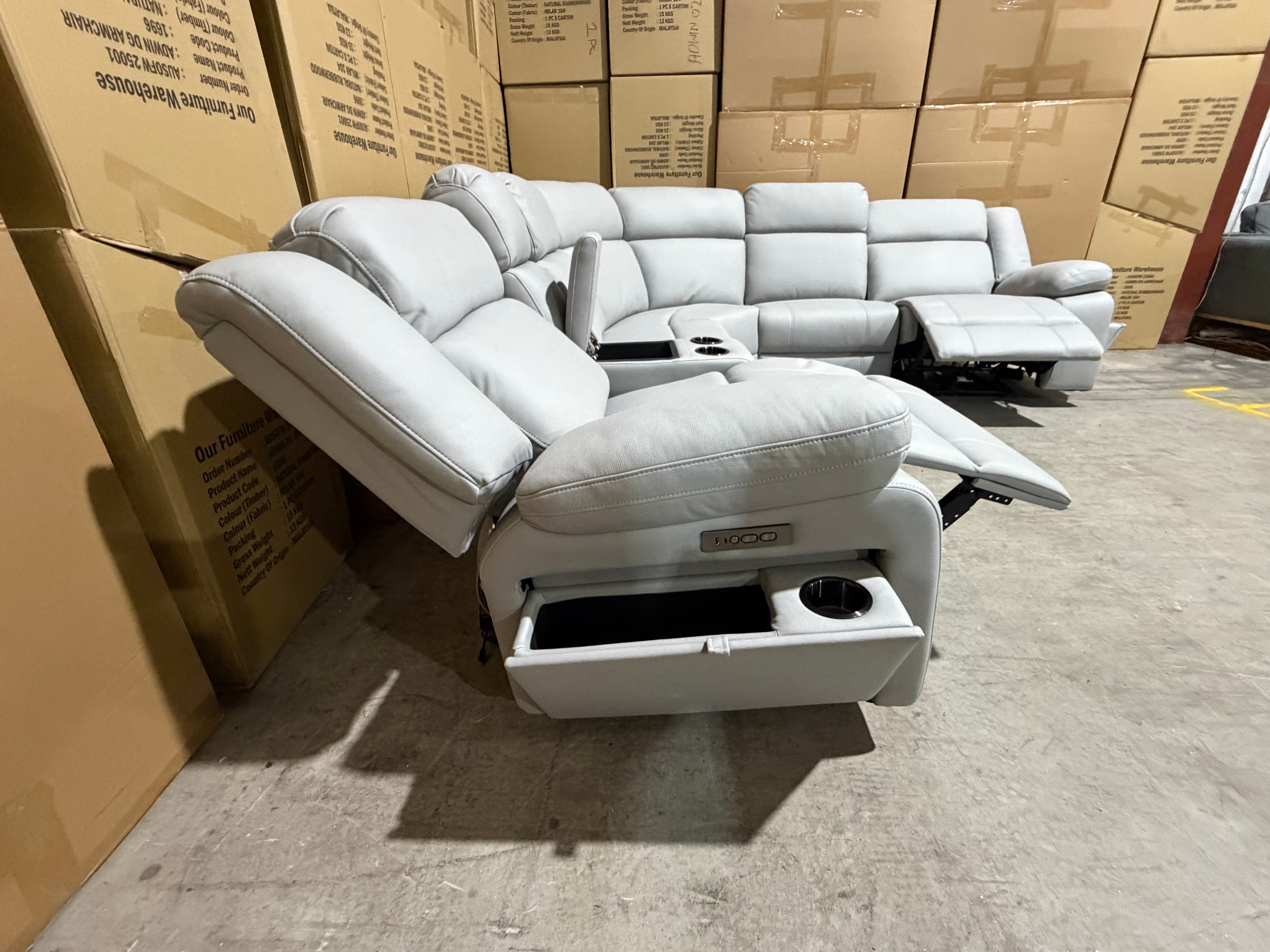 Kenso 6pce modular Lounge with 2 Dual Motion Recliners Soft Rhino Light Grey