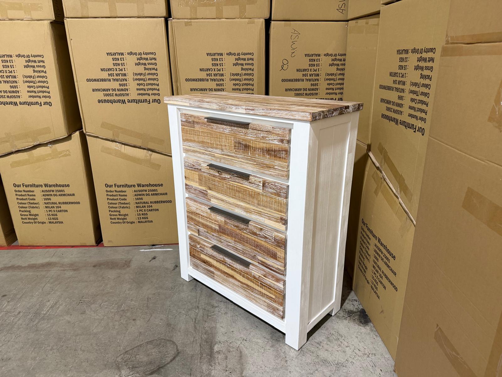 Springbrook Tallboy with 4 draws driftwood/ white finish acacia timber