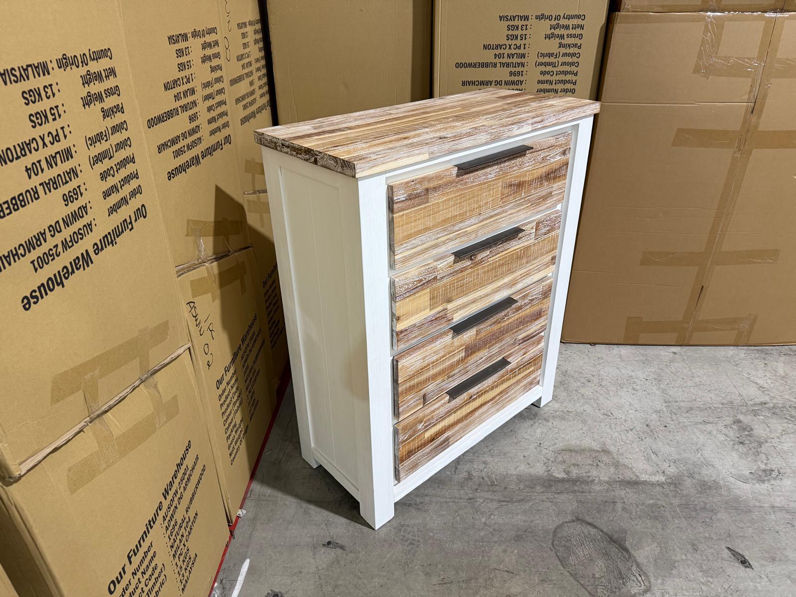 Springbrook Tallboy with 4 draws driftwood/ white finish acacia timber