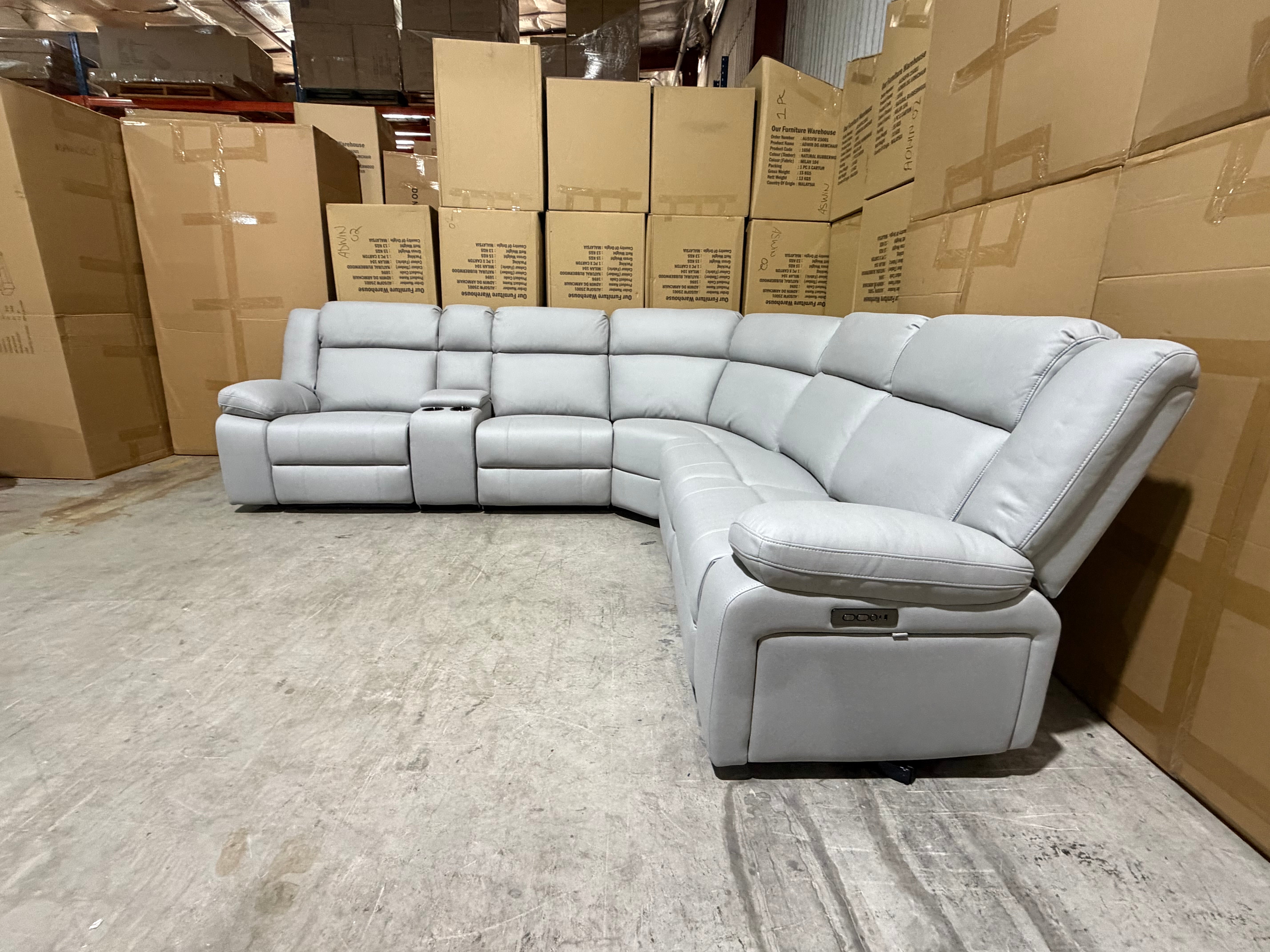 Kenso 6pce modular Lounge with 2 Dual Motion Recliners Soft Rhino Light Grey