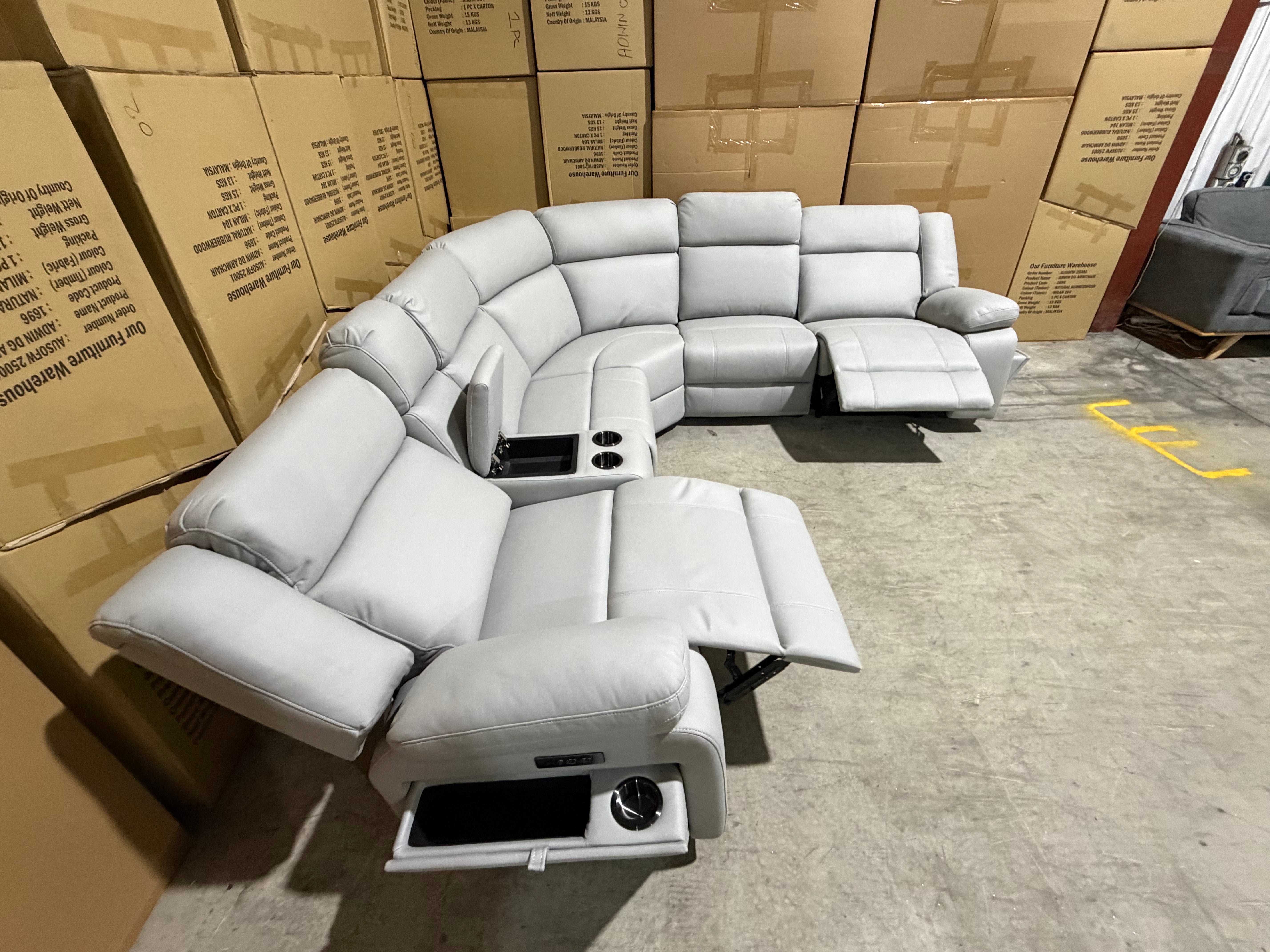 Kenso 6pce modular Lounge with 2 Dual Motion Recliners Soft Rhino Light Grey