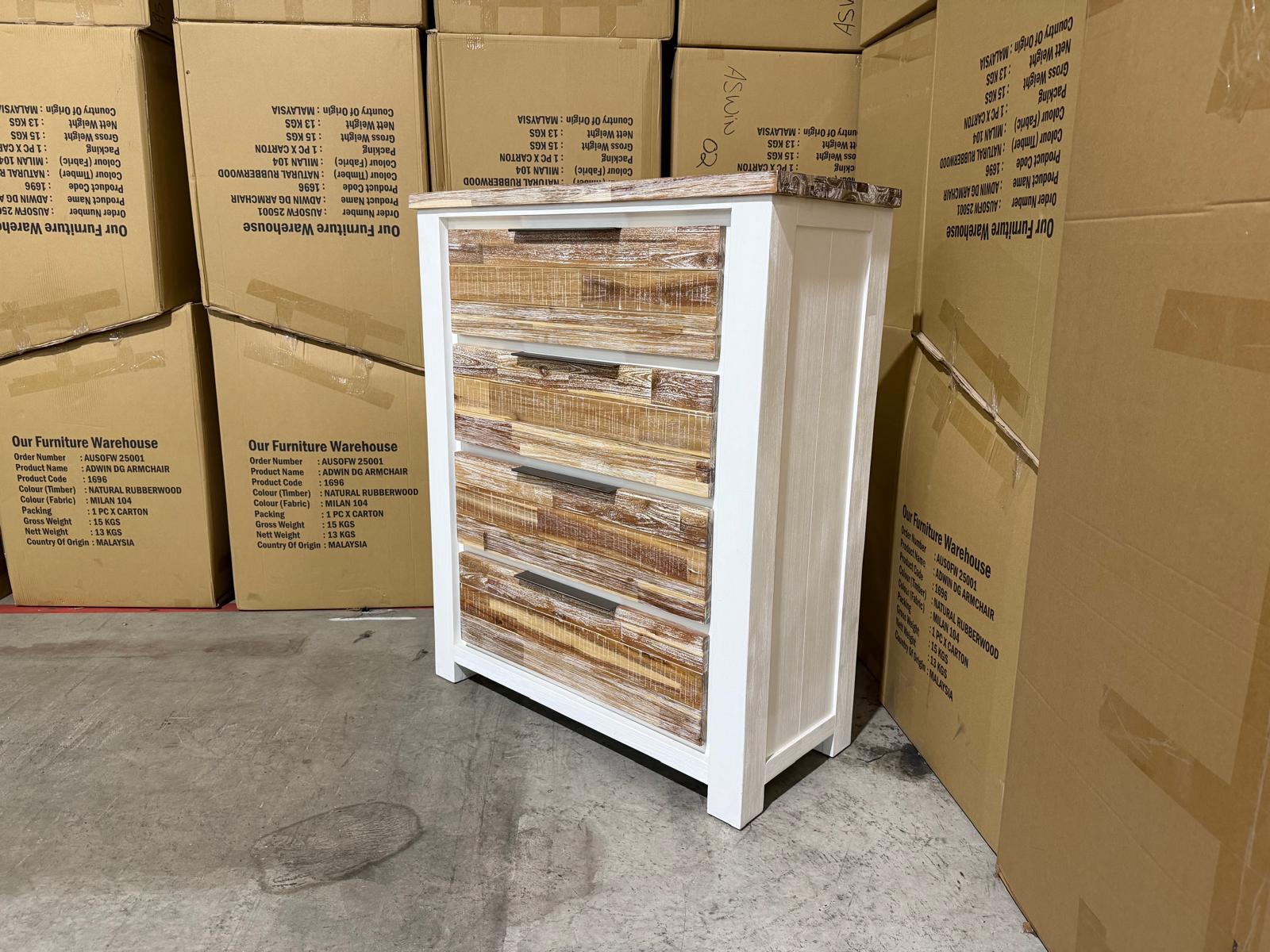 Springbrook Tallboy with 4 draws driftwood/ white finish acacia timber