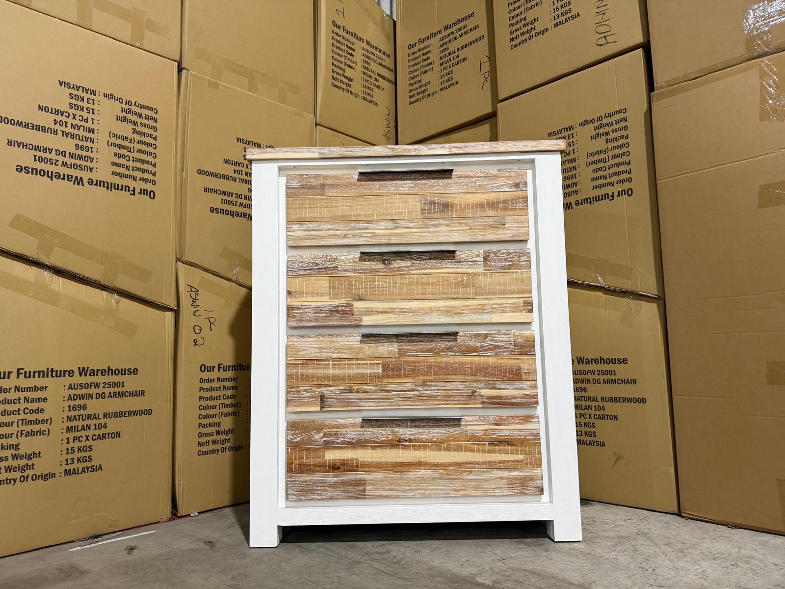 Springbrook Tallboy with 4 draws driftwood/ white finish acacia timber
