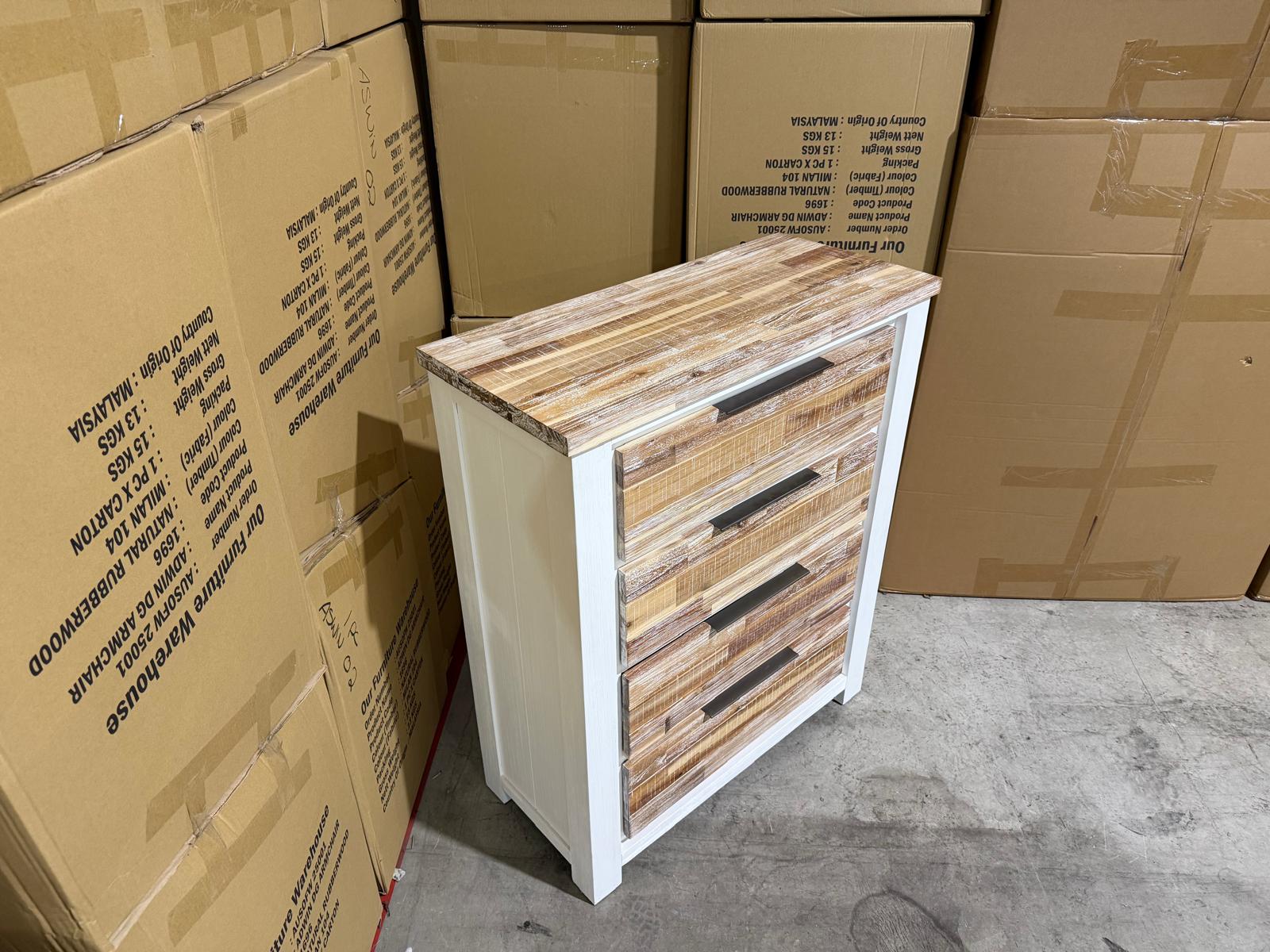 Springbrook Tallboy with 4 draws driftwood/ white finish acacia timber
