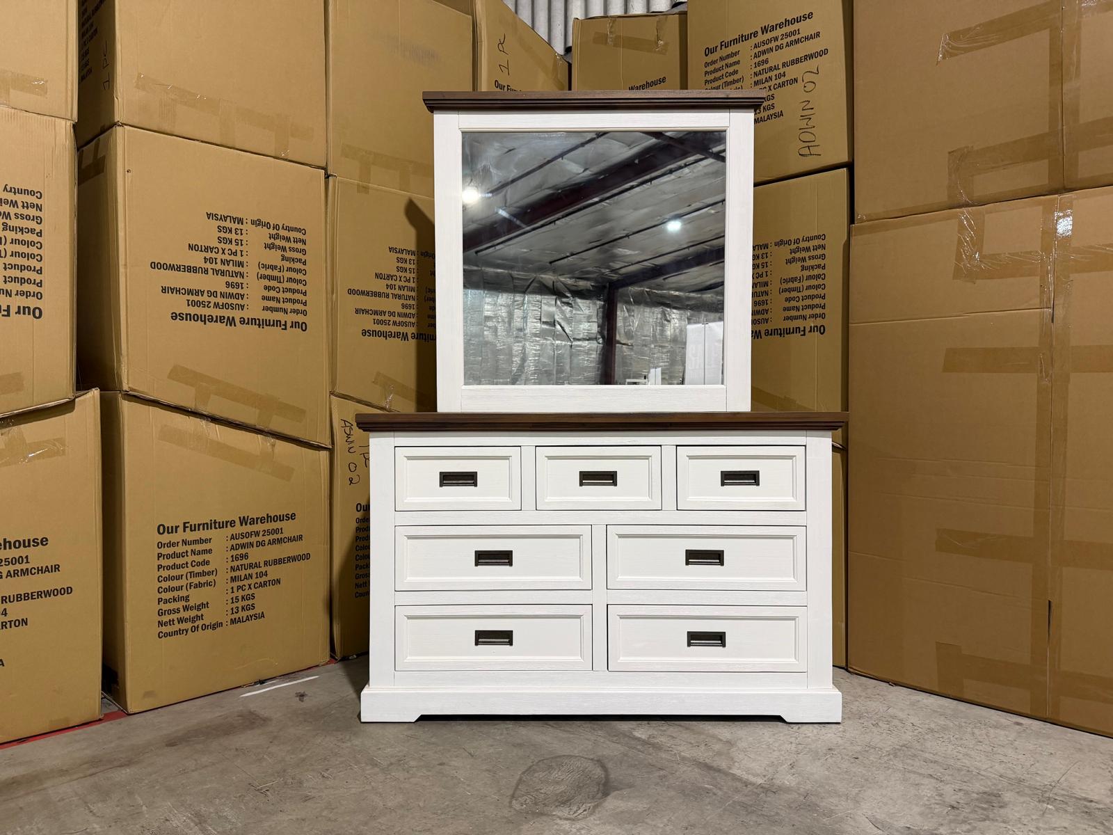 Hamptons dressing table and mirror two tone finish