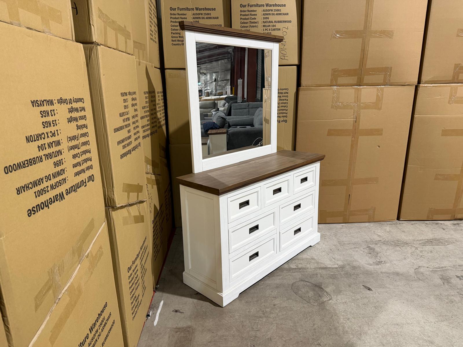Hamptons dressing table and mirror two tone finish