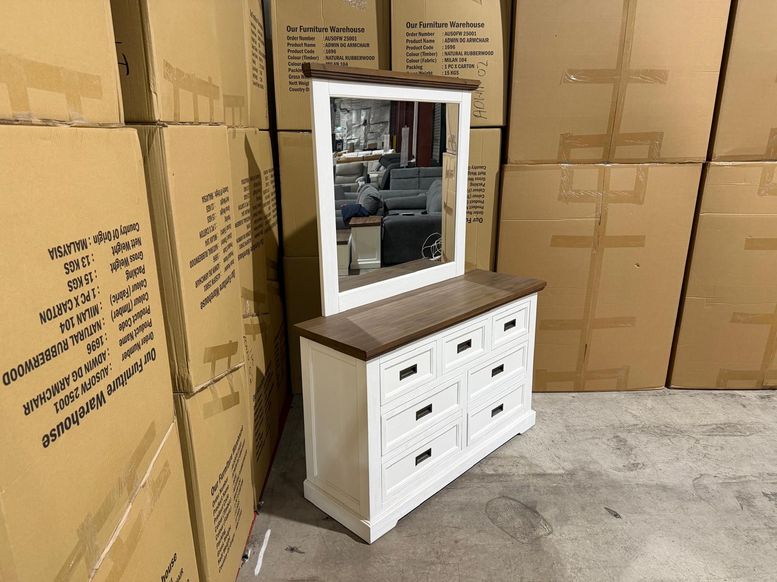 Hamptons dressing table and mirror two tone finish