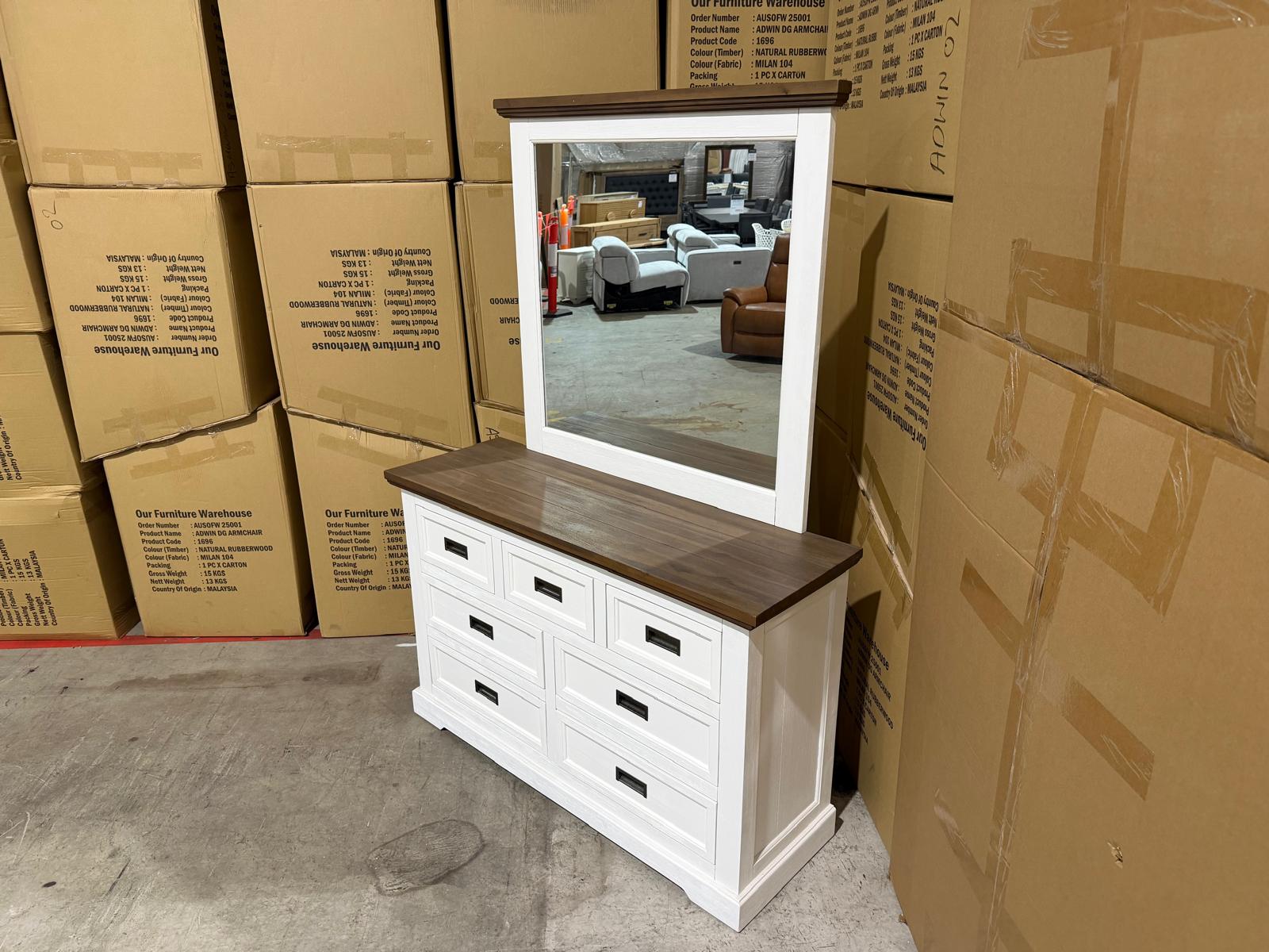 Hamptons dressing table and mirror two tone finish