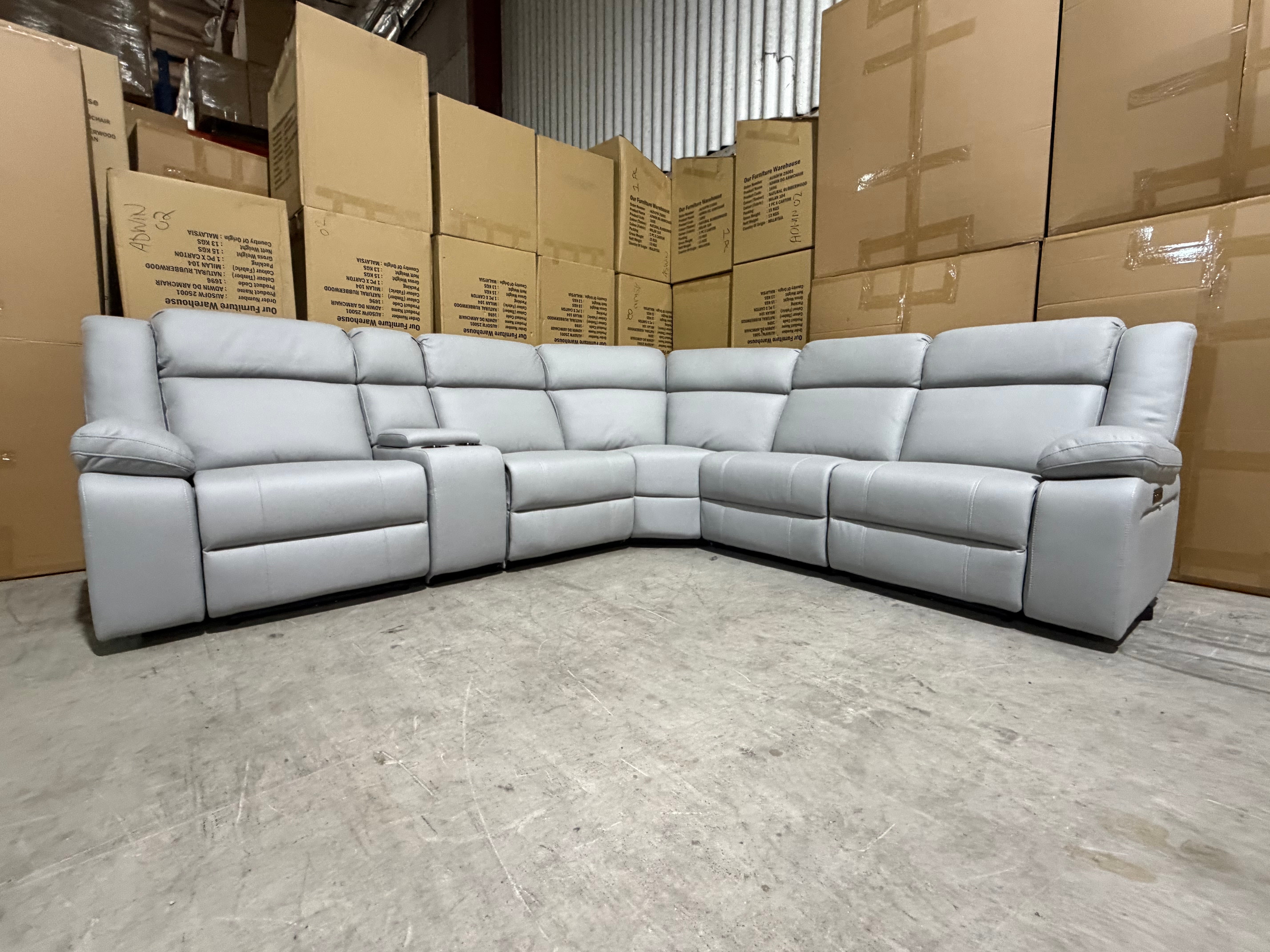 Kenso 6pce modular Lounge with 2 Dual Motion Recliners Soft Rhino Light Grey