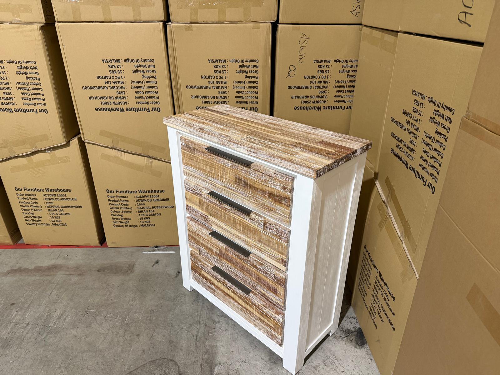 Springbrook Tallboy with 4 draws driftwood/ white finish acacia timber