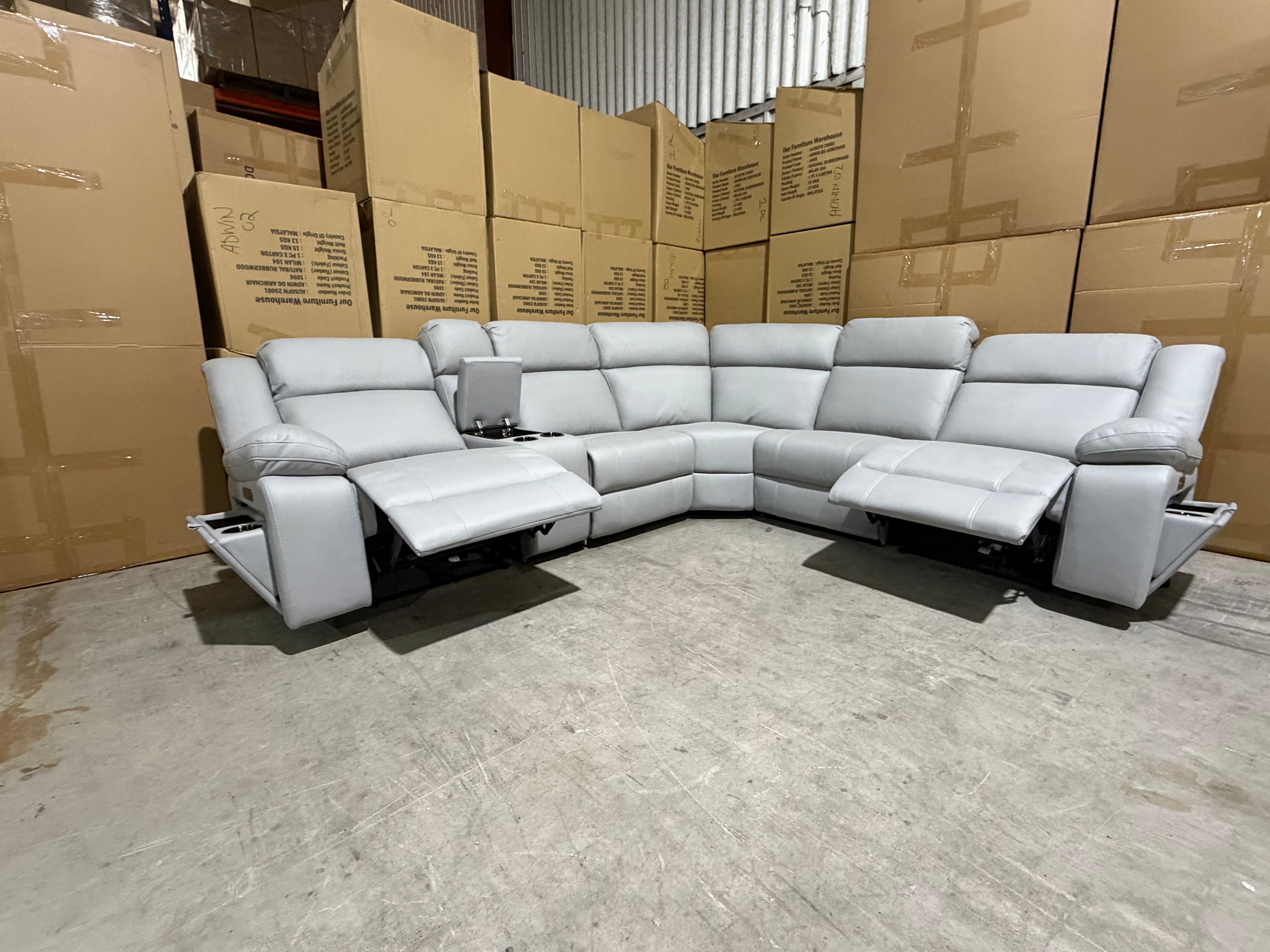 Kenso 6pce modular Lounge with 2 Dual Motion Recliners Soft Rhino Light Grey