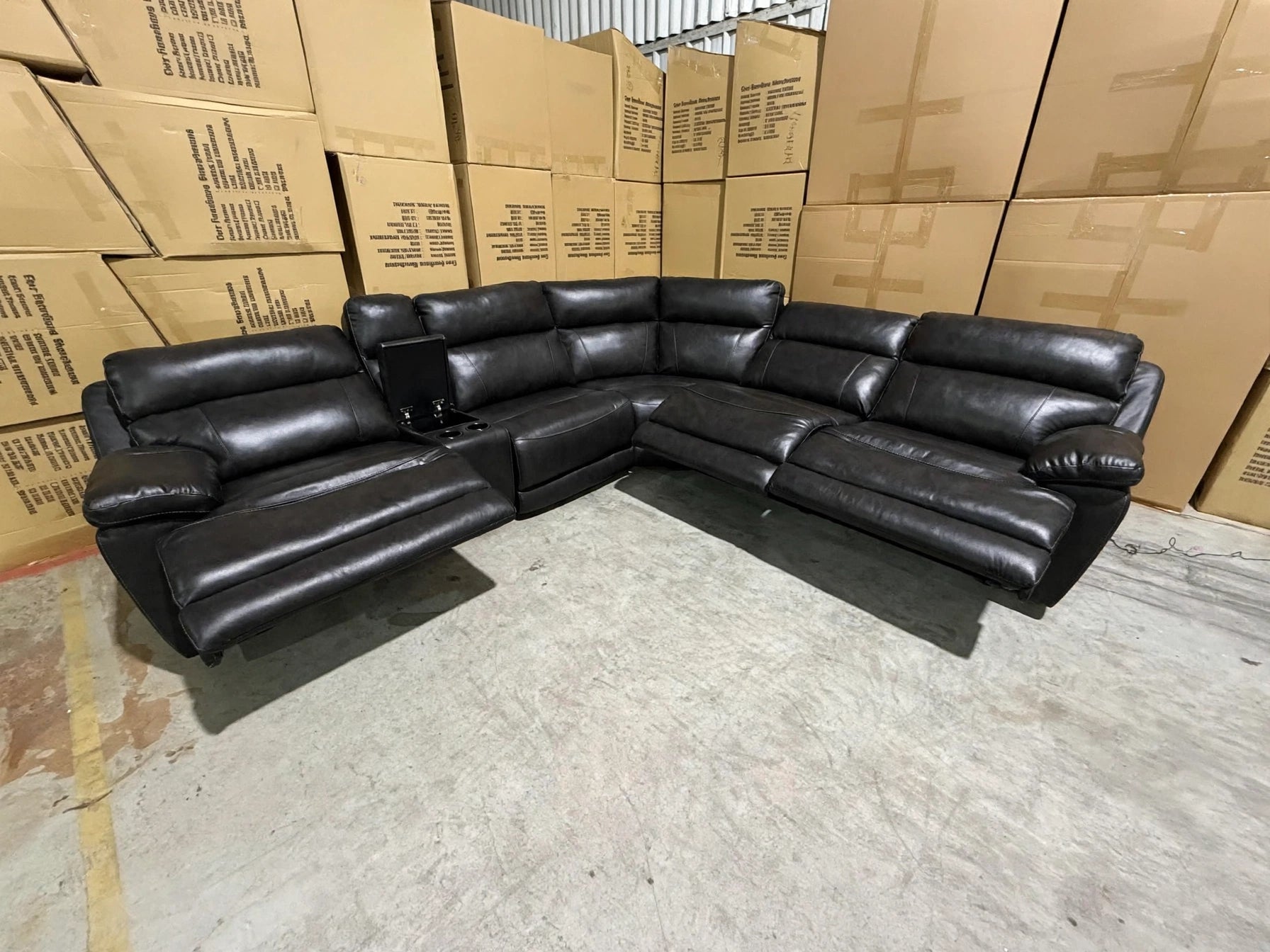 Modena Modular Lounge with 3x Electric Recliners In Black Leather