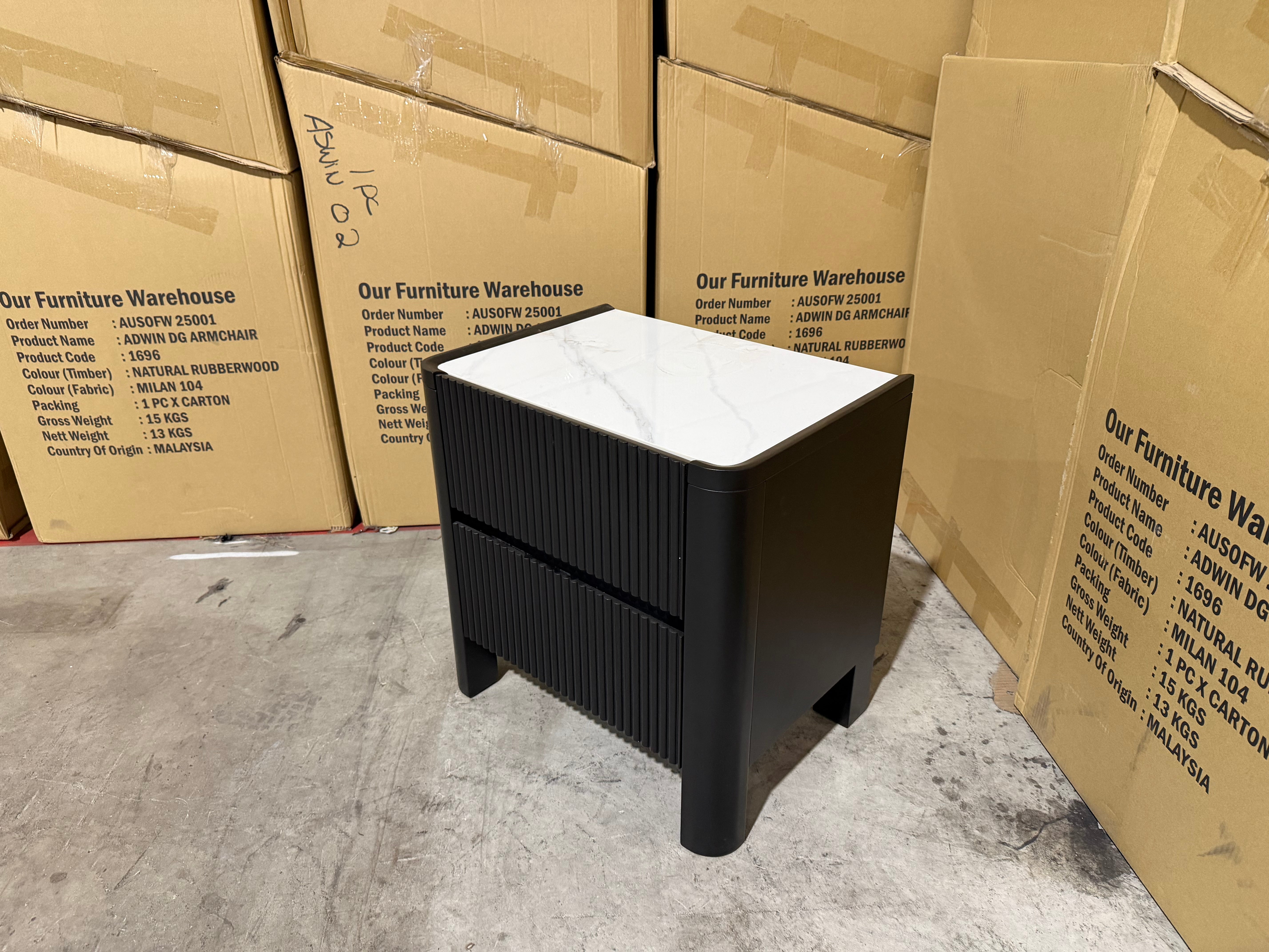 Portugal bed side chest black finish with marble looking top