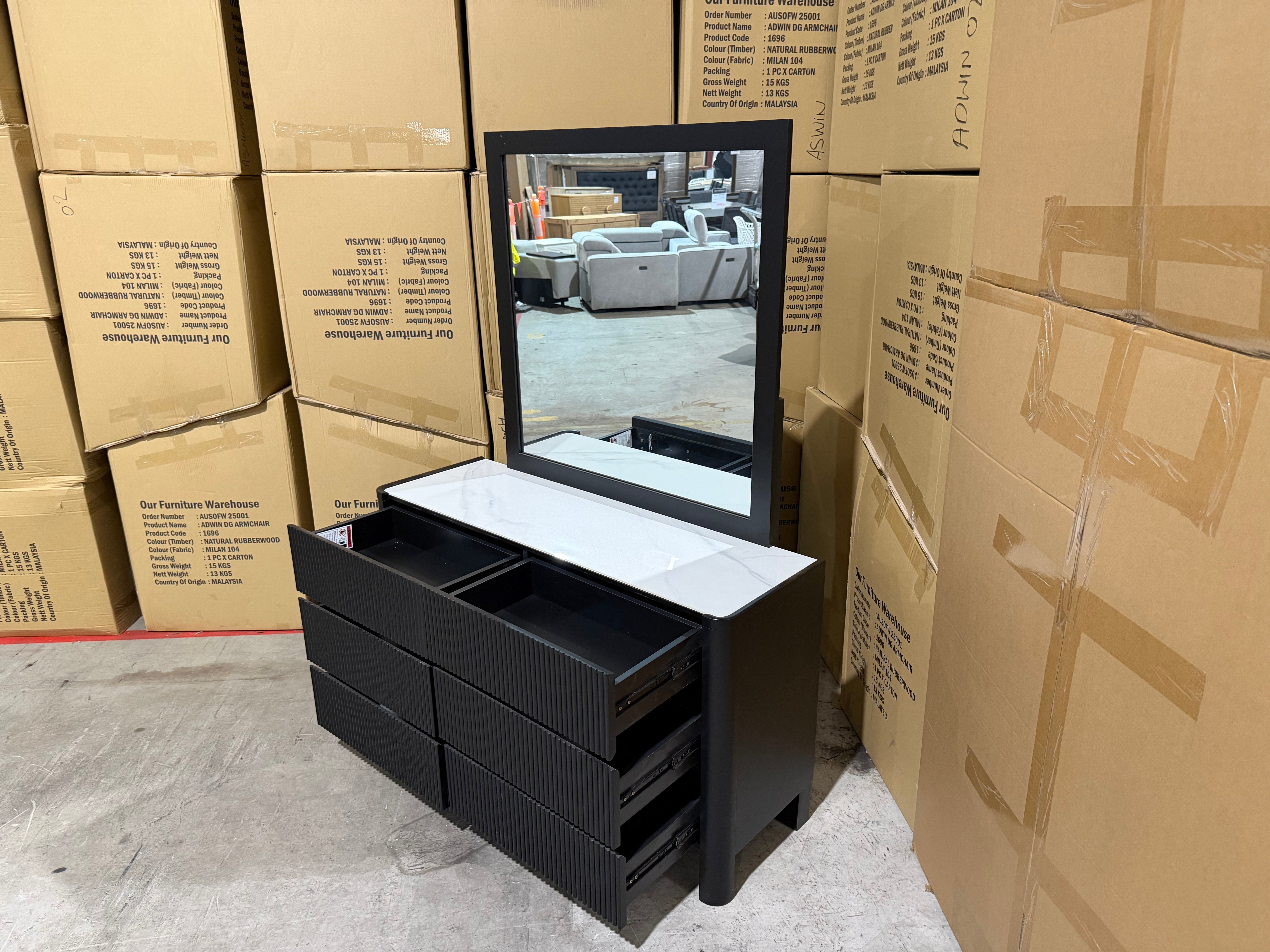 Portugal dressing table with mirror black finish with marble looking top