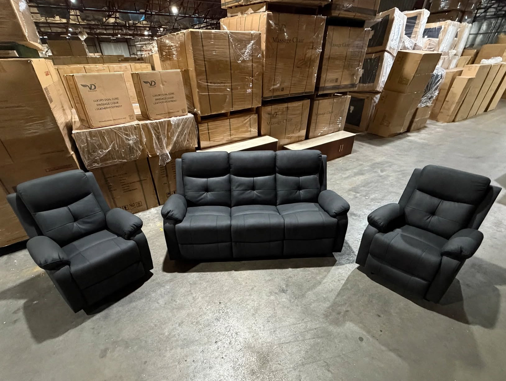 Duncan 3Pce Lounge Set 3 Seater + 2 Recliners In Black Soft Rhino