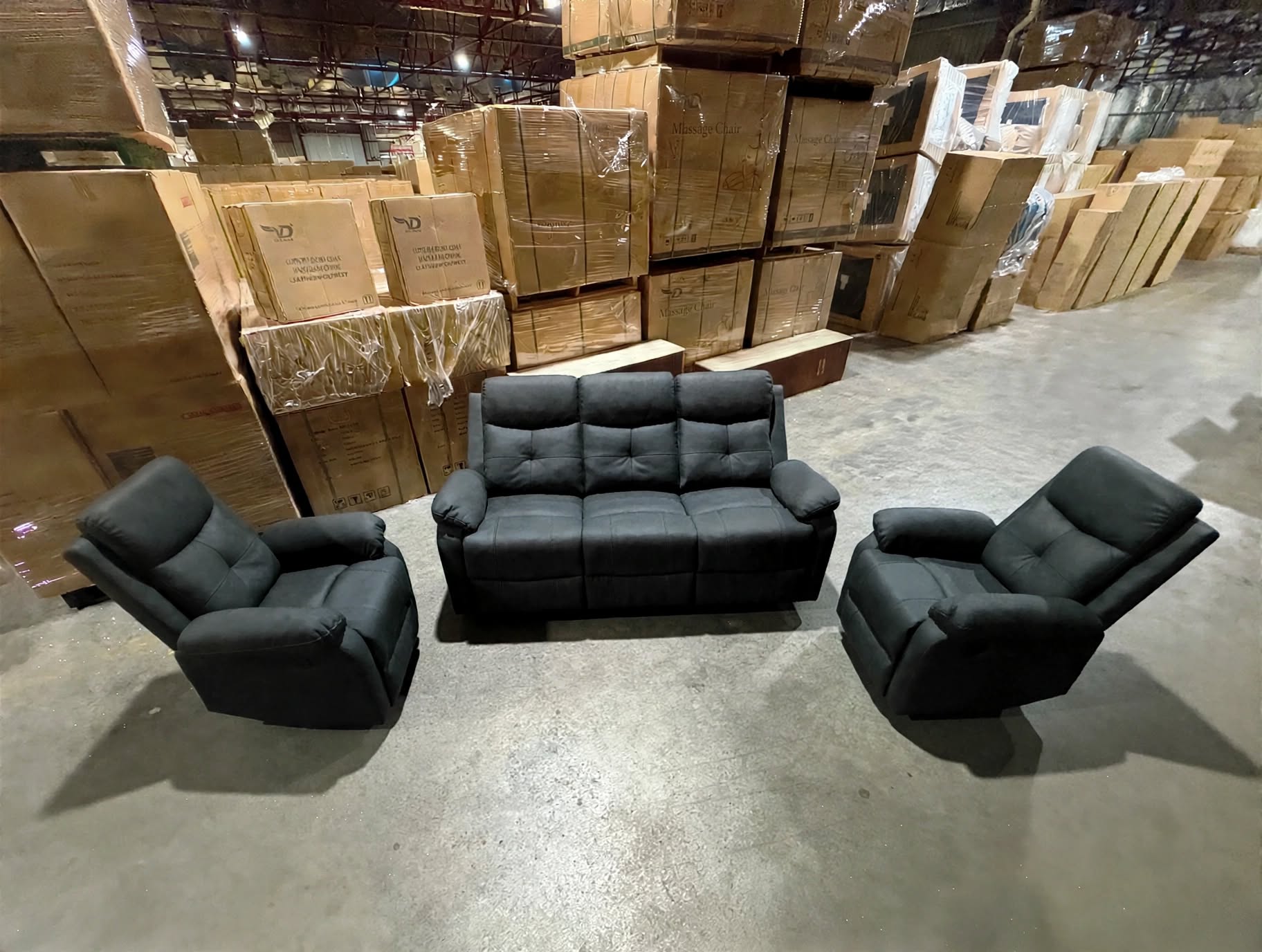 Duncan 3Pce Lounge Set 3 Seater + 2 Recliners In Black Soft Rhino