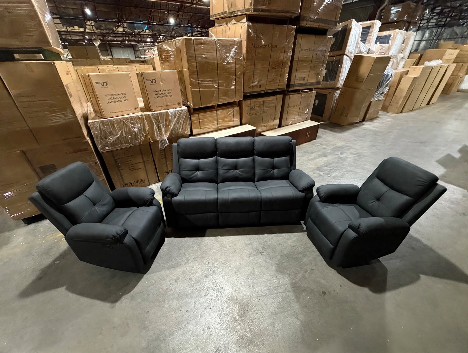 Duncan 3Pce Lounge Set 3 Seater + 2 Recliners In Black Soft Rhino