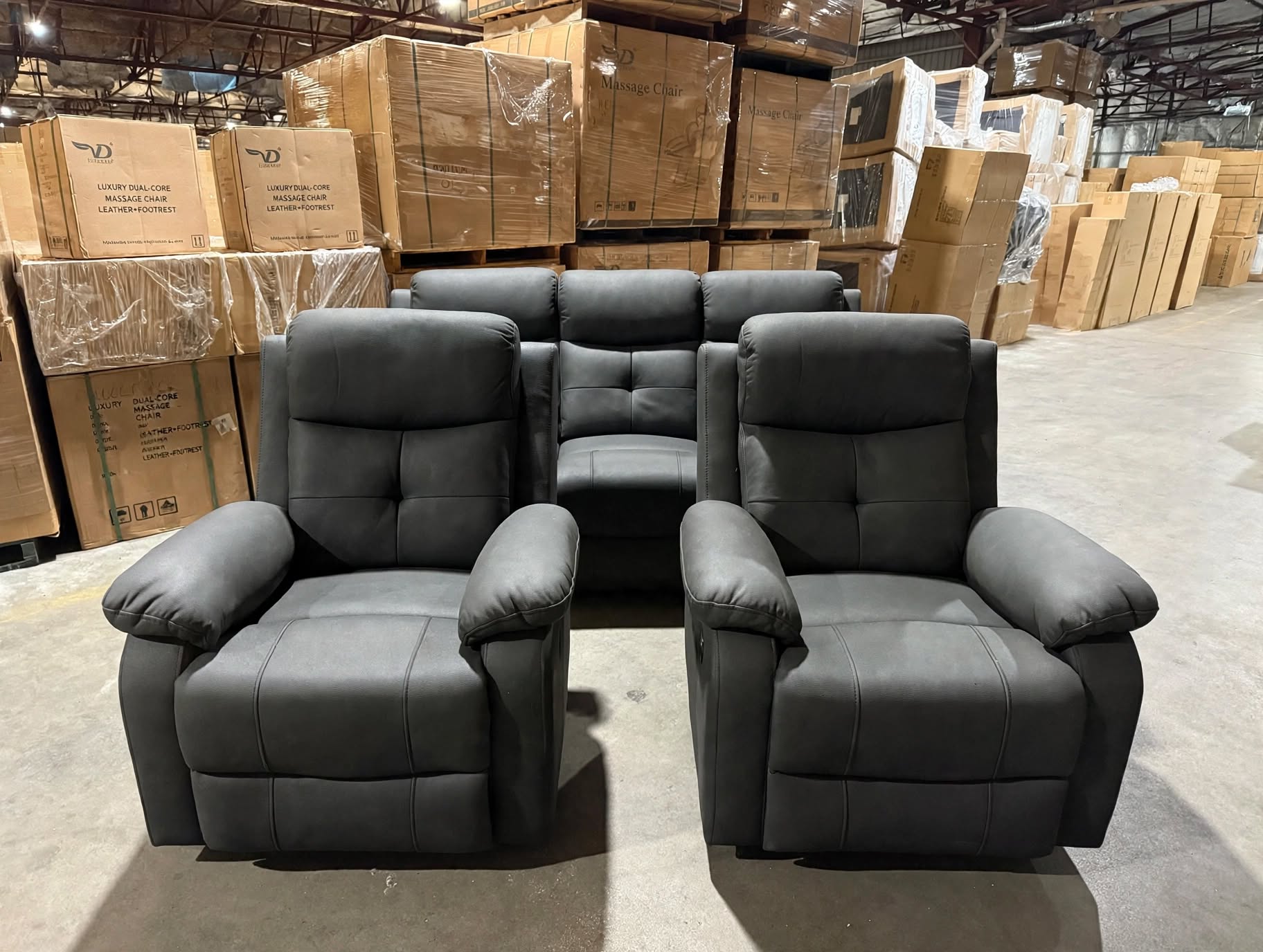 Duncan 3Pce Lounge Set 3 Seater + 2 Recliners In Black Soft Rhino