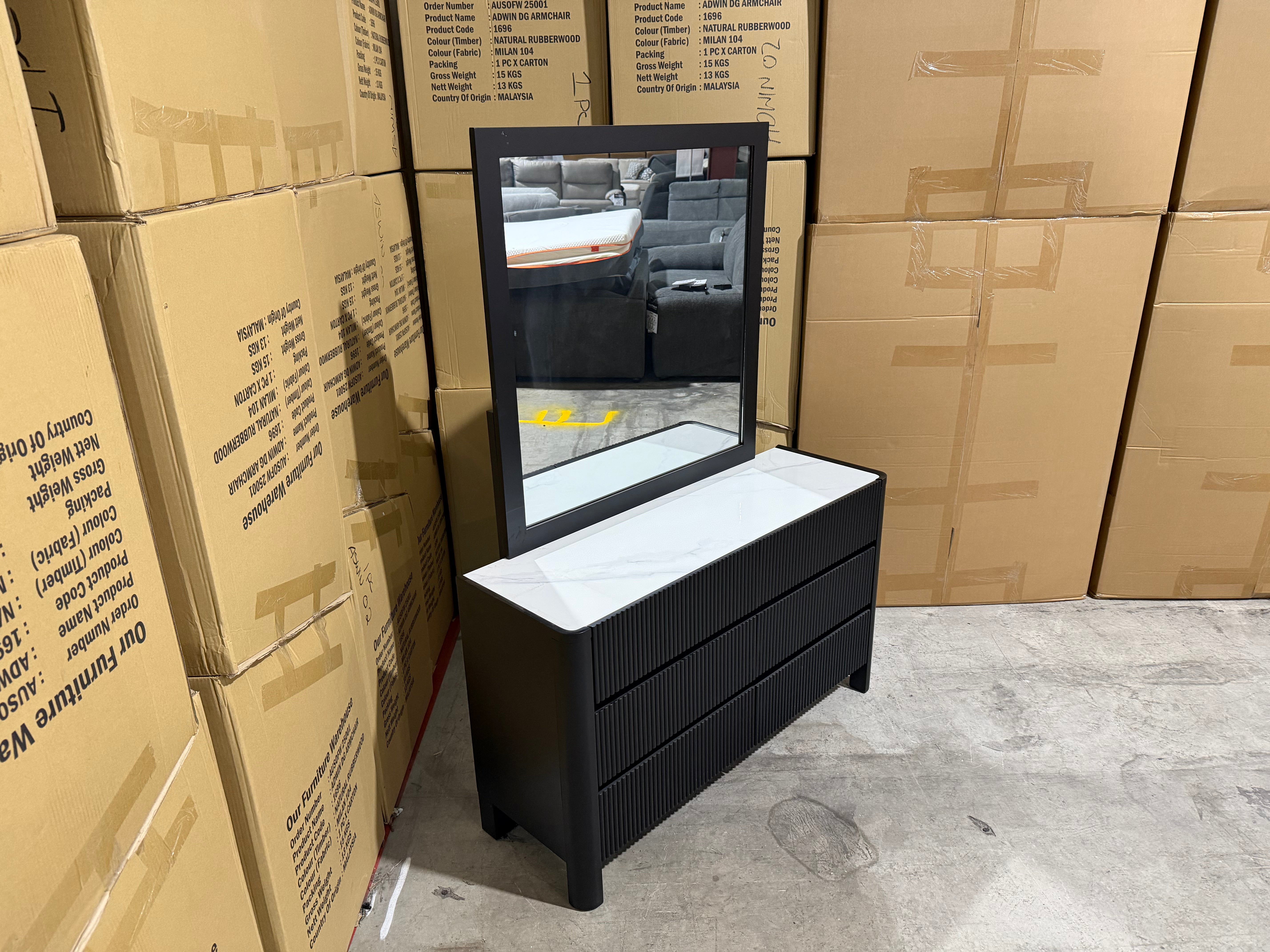 Portugal dressing table with mirror black finish with marble looking top