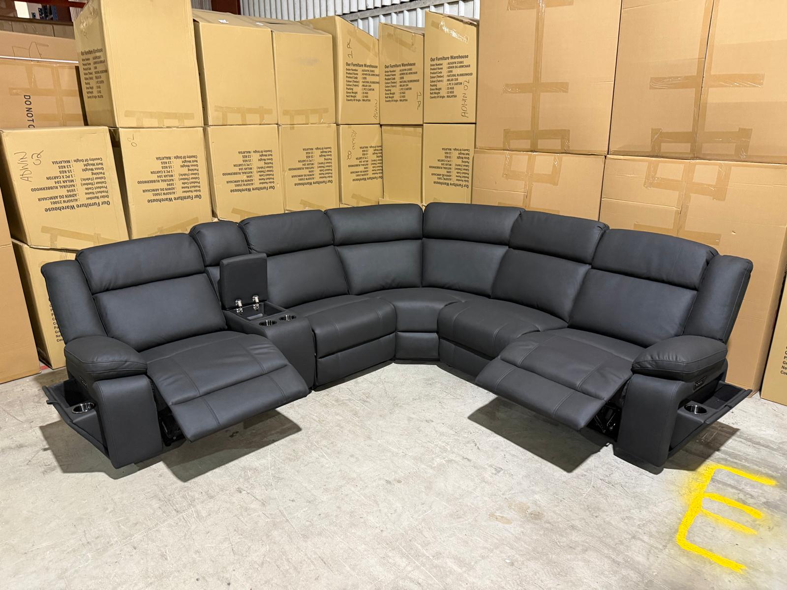 Kenso 6pce modular Lounge with 2 Dual Motion Recliners Soft Rhino Black