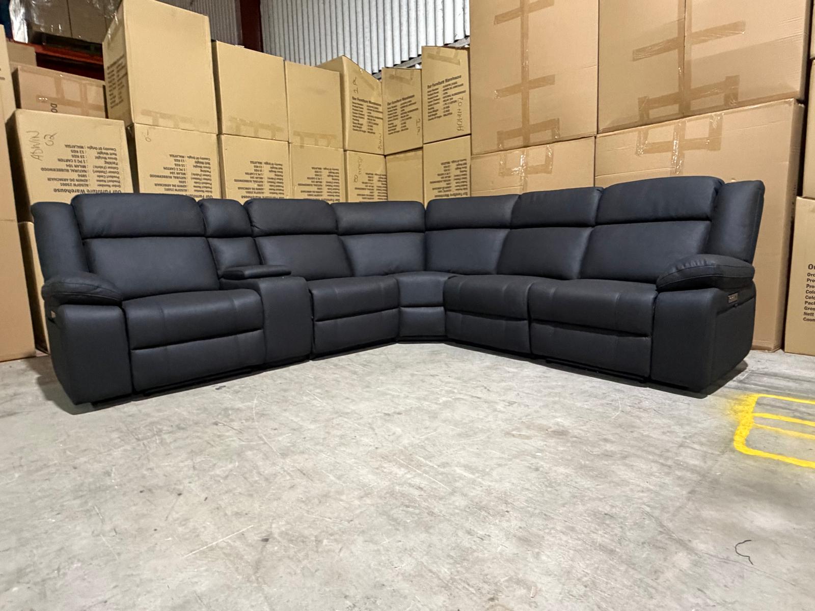 Kenso 6pce modular Lounge with 2 Dual Motion Recliners Soft Rhino Black