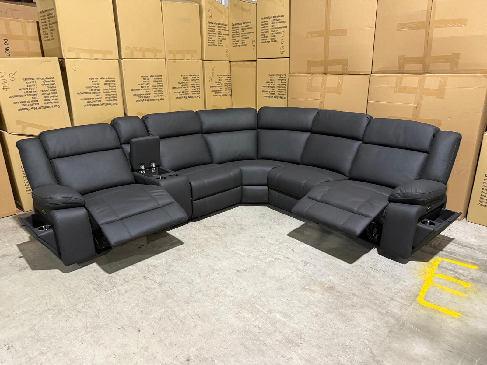 Kenso 6pce modular Lounge with 2 Dual Motion Recliners Soft Rhino Black
