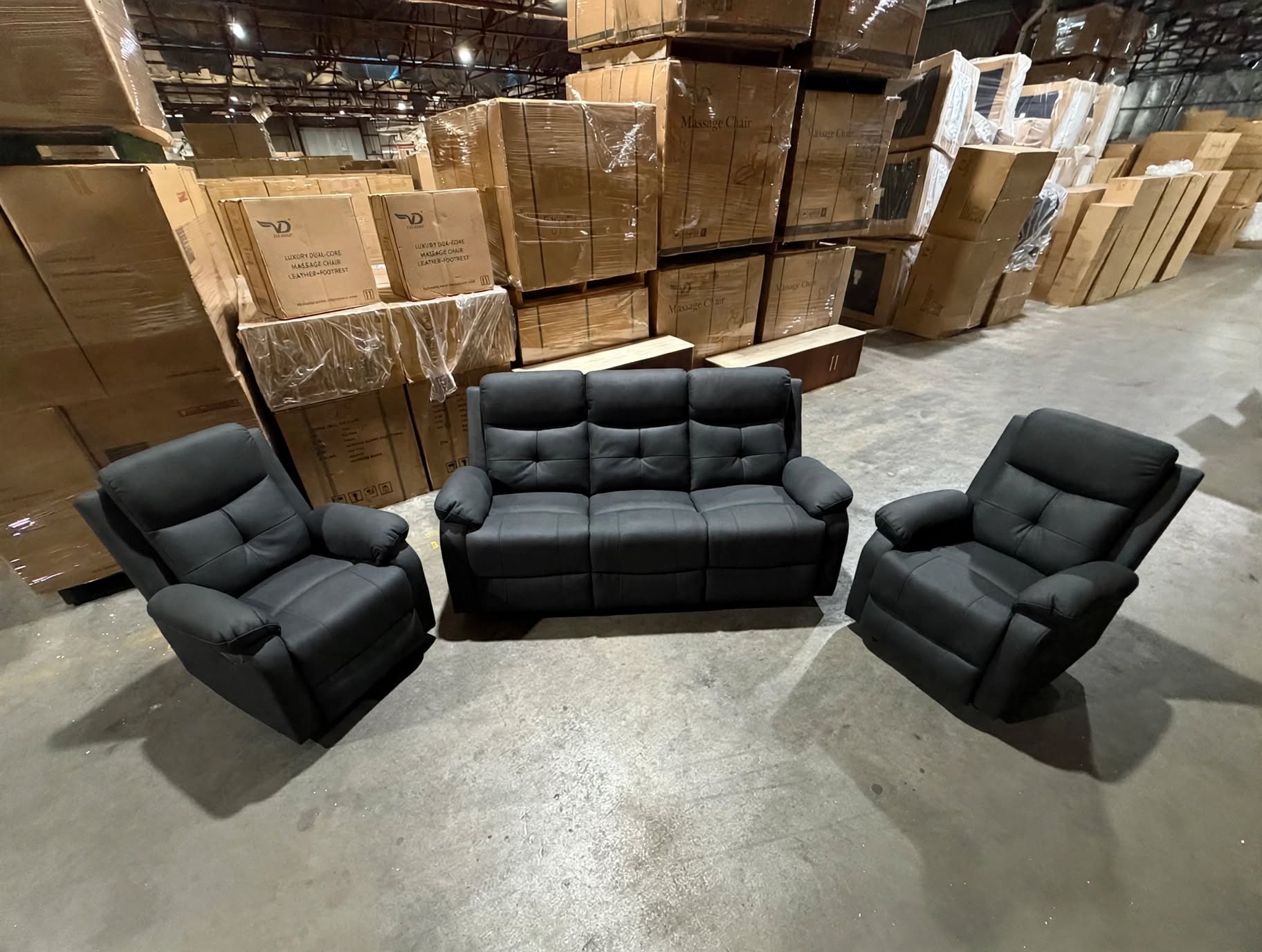 Duncan 3Pce Lounge Set 3 Seater + 2 Recliners In Black Soft Rhino
