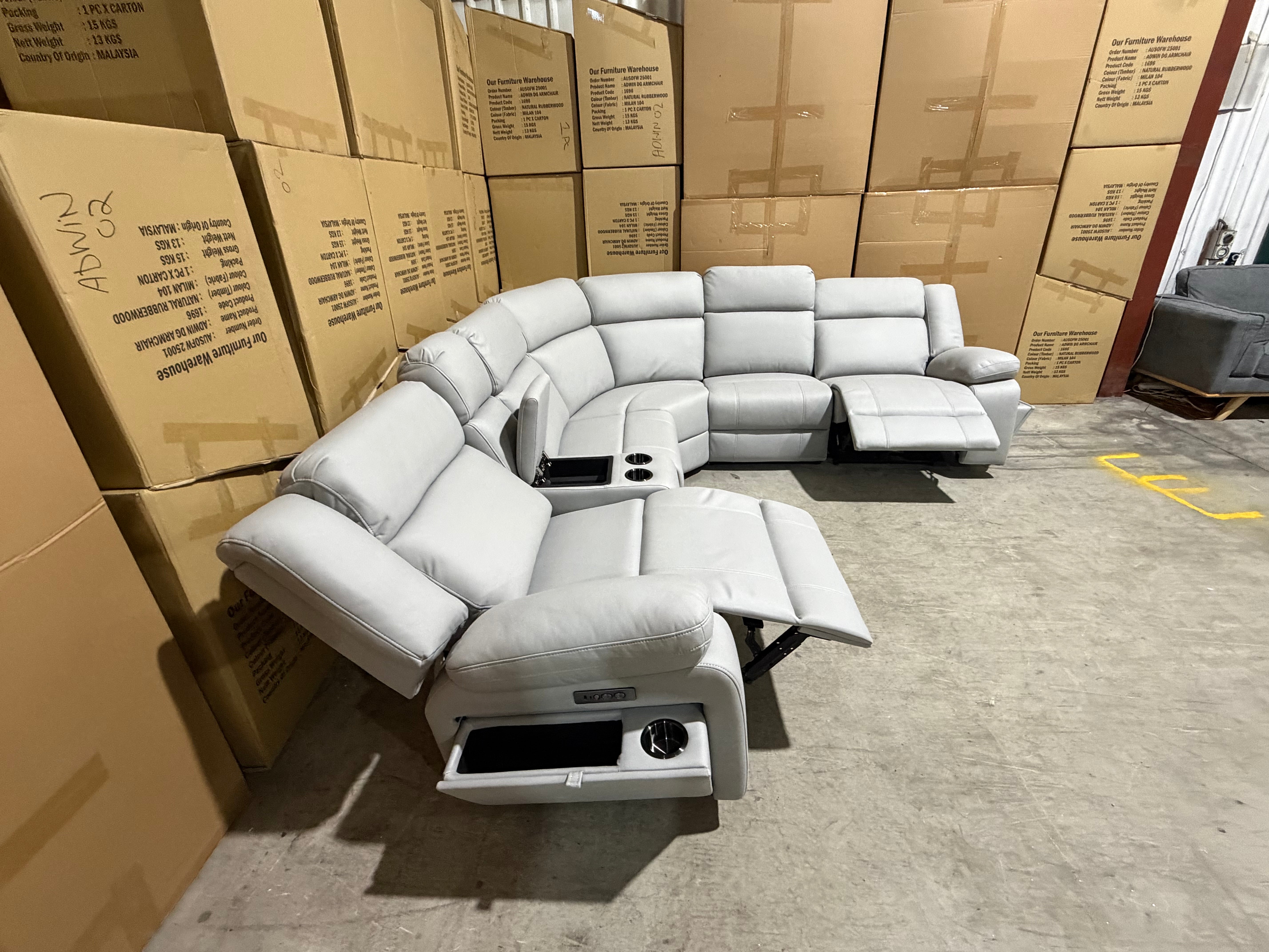 Kenso 6pce modular Lounge with 2 Dual Motion Recliners Soft Rhino Light Grey