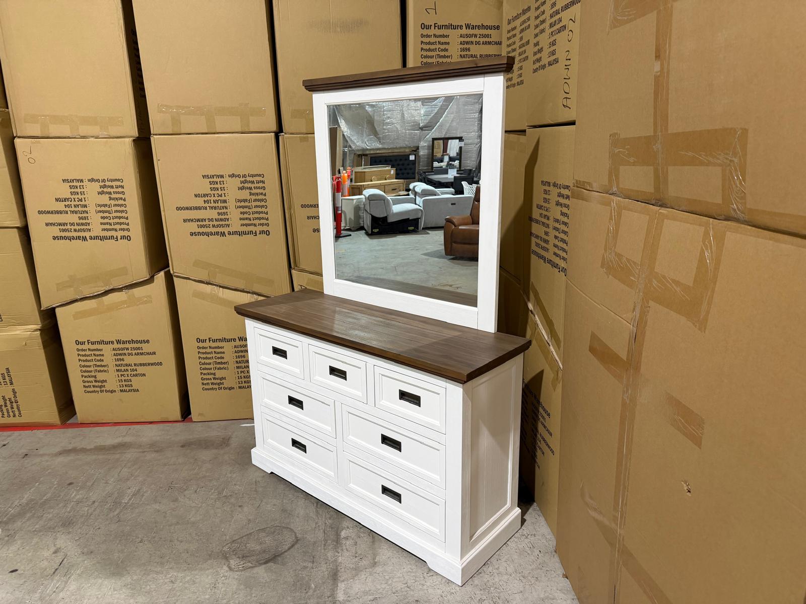 Hamptons dressing table and mirror two tone finish