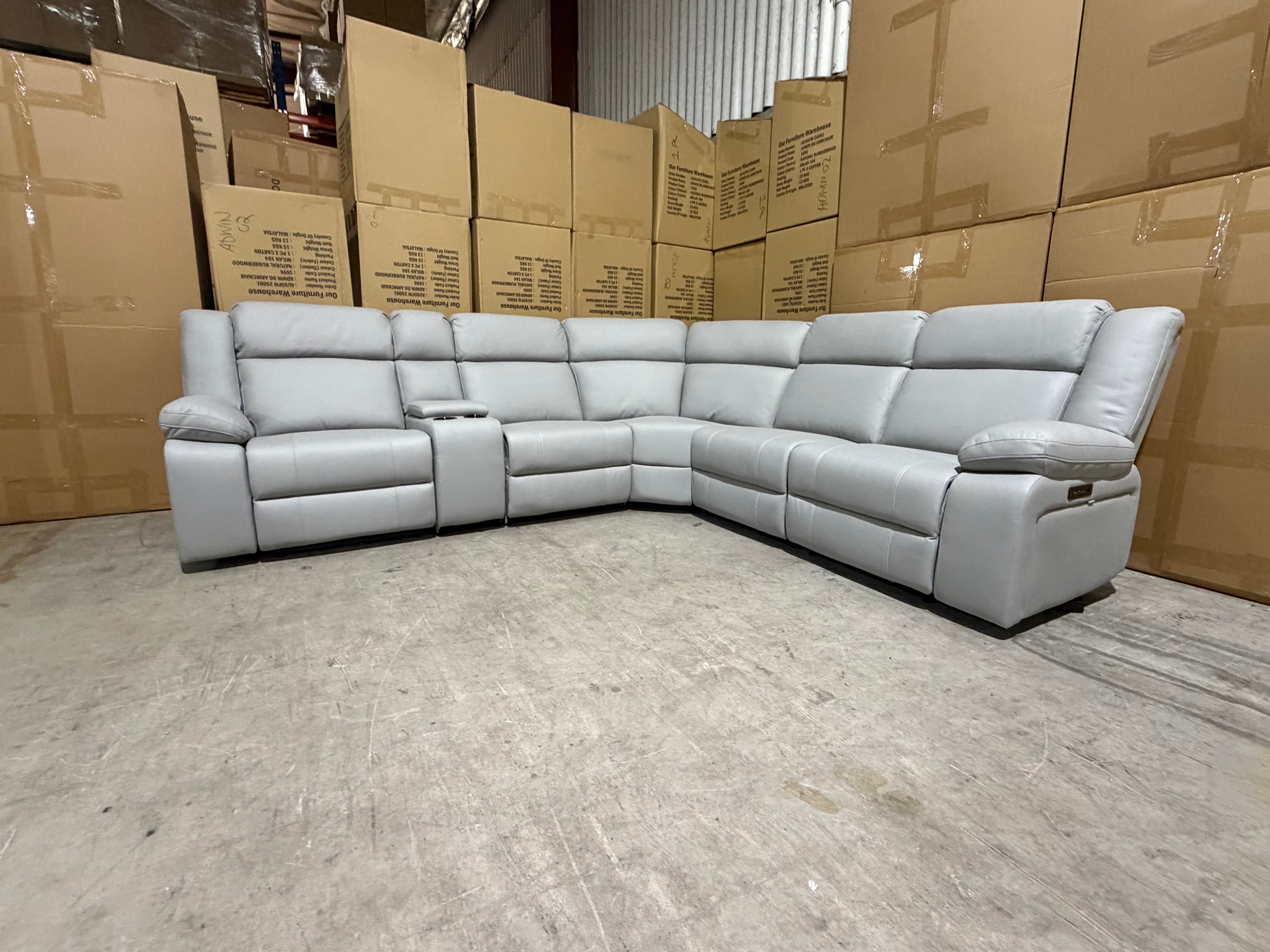 Kenso 6pce modular Lounge with 2 Dual Motion Recliners Soft Rhino Light Grey