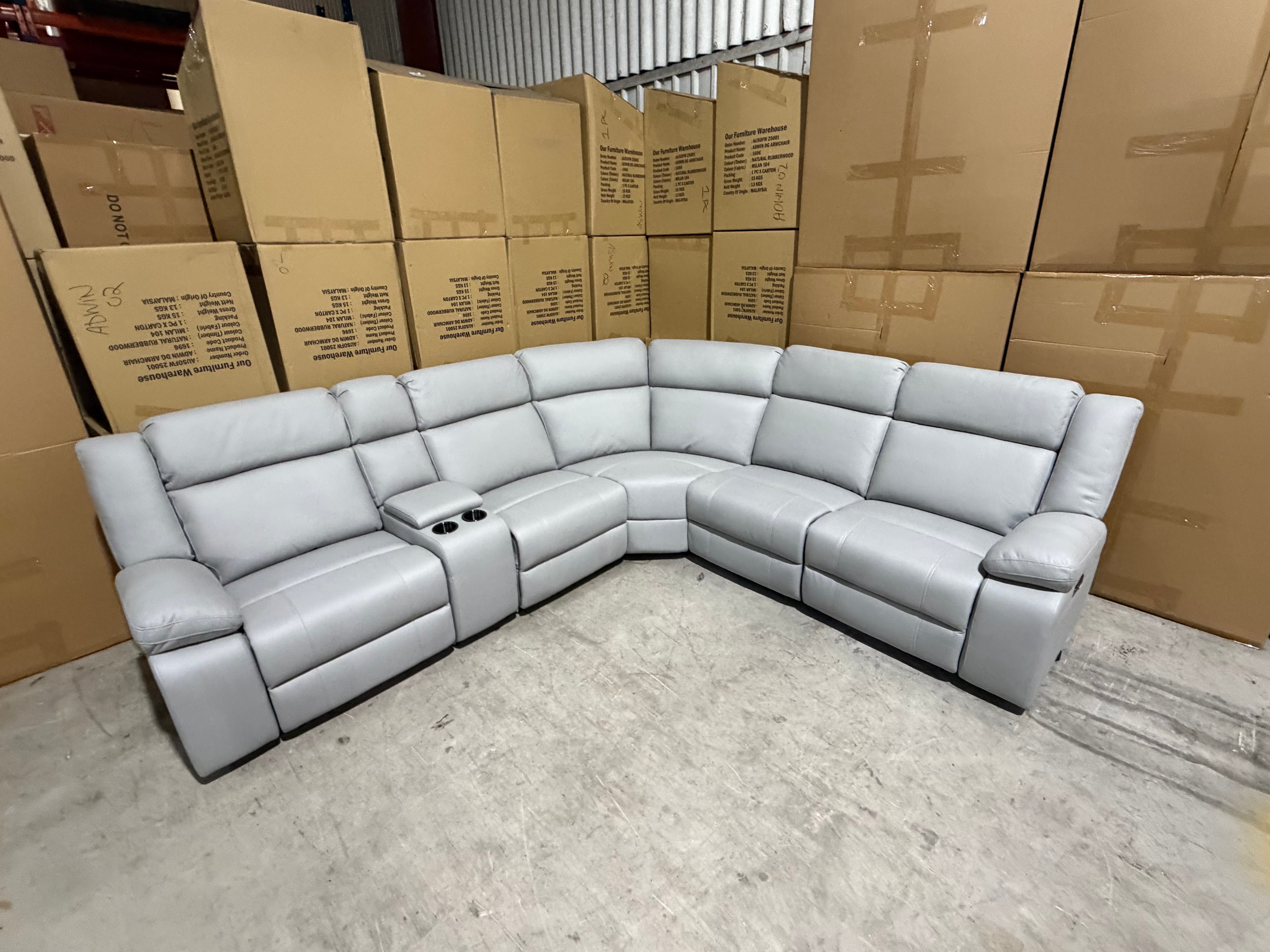 Kenso 6pce modular Lounge with 2 Dual Motion Recliners Soft Rhino Light Grey