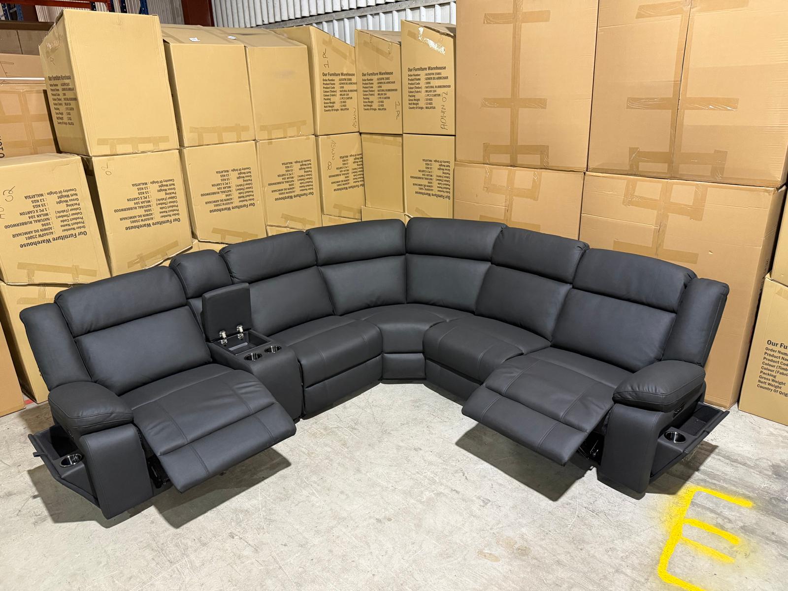 Kenso 6pce modular Lounge with 2 Dual Motion Recliners Soft Rhino Black