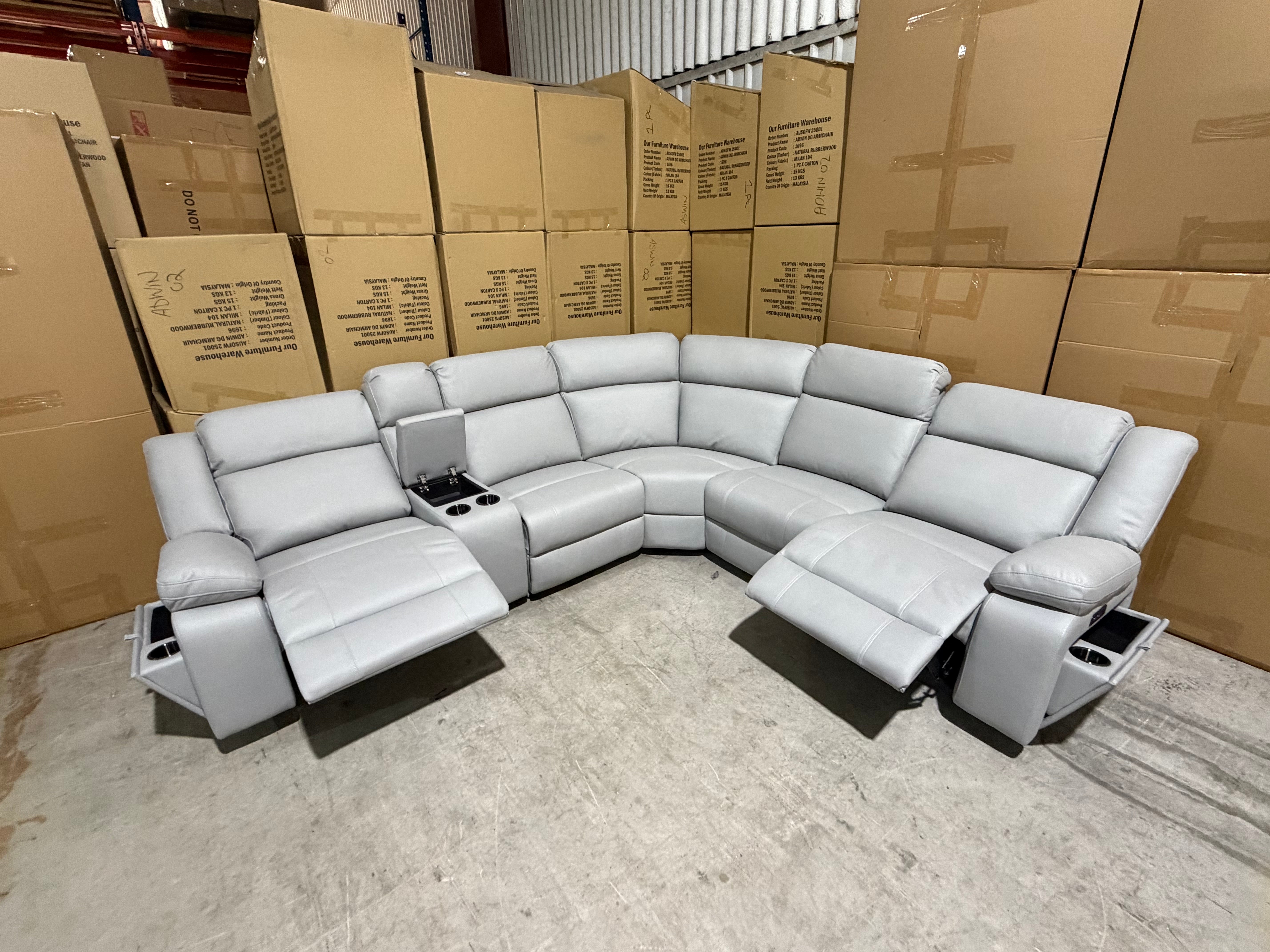 Kenso 6pce modular Lounge with 2 Dual Motion Recliners Soft Rhino Light Grey