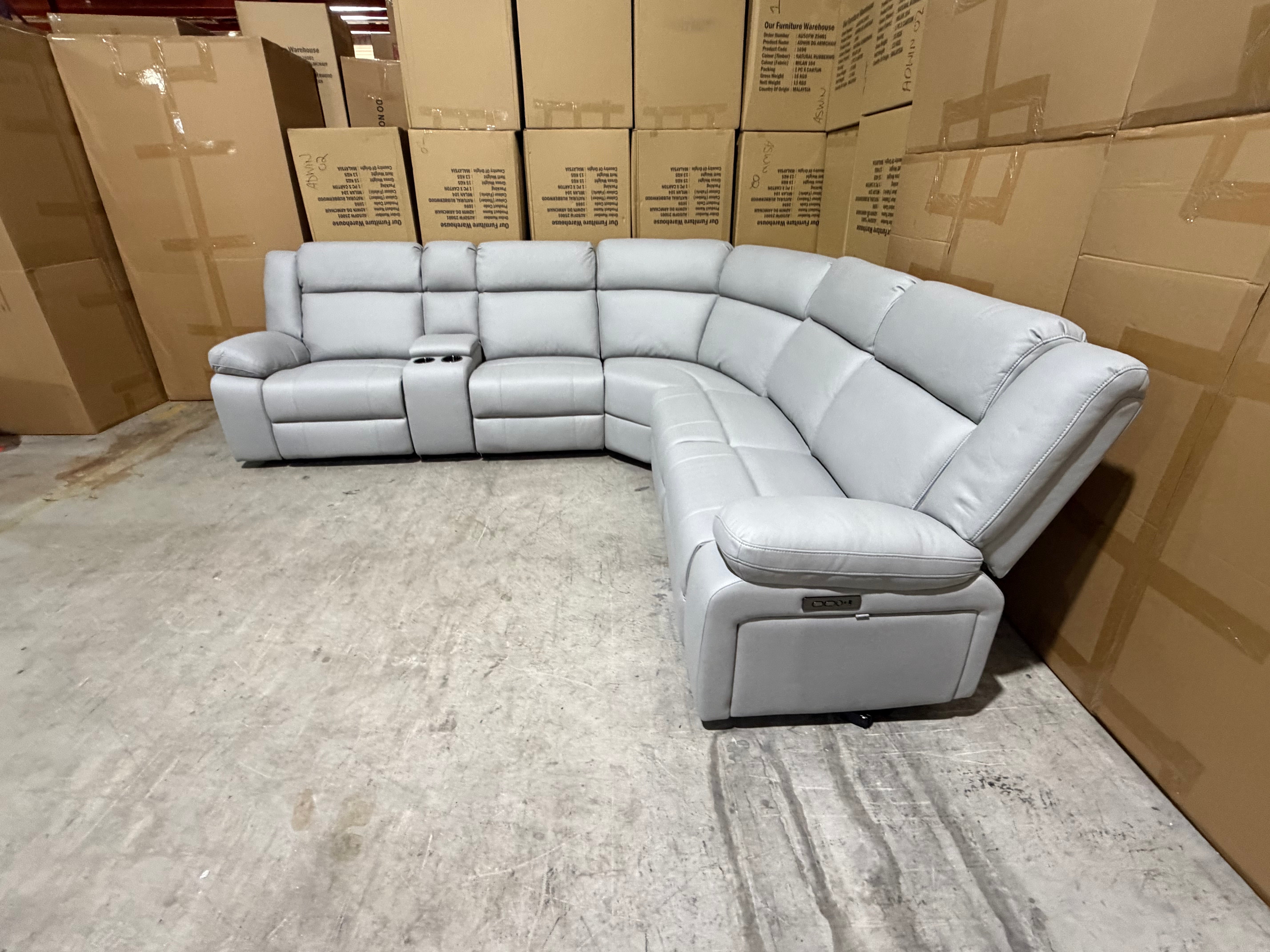 Kenso 6pce modular Lounge with 2 Dual Motion Recliners Soft Rhino Light Grey
