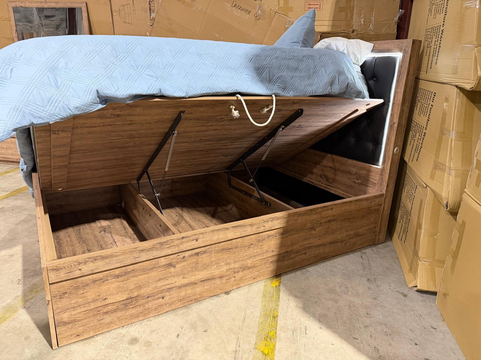 Manly Frank Queen size bed with gas lift storage and LED lights in rustic walnut