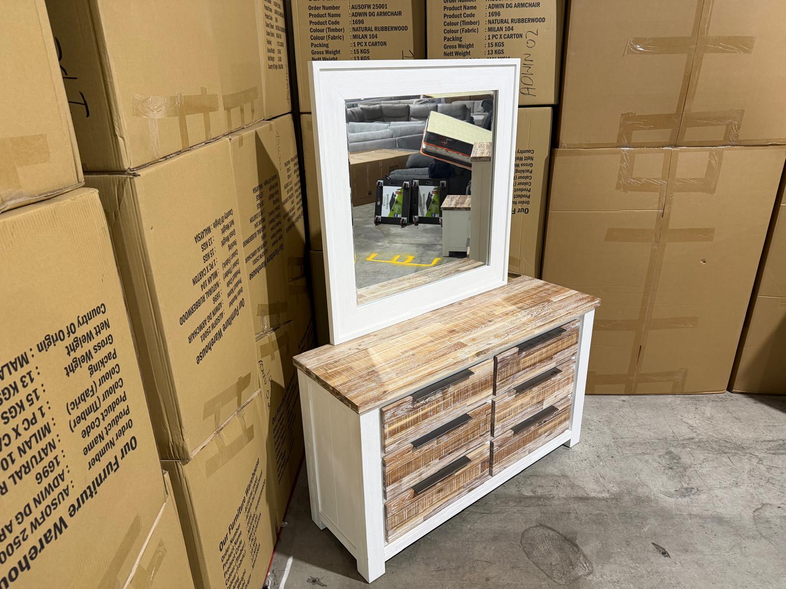 Springbrook dressing table inc mirror driftwood/ white finish acacia timber