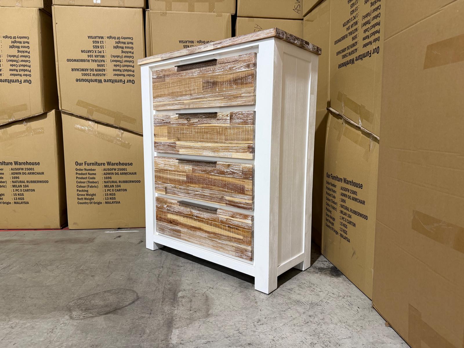 Springbrook Tallboy with 4 draws driftwood/ white finish acacia timber