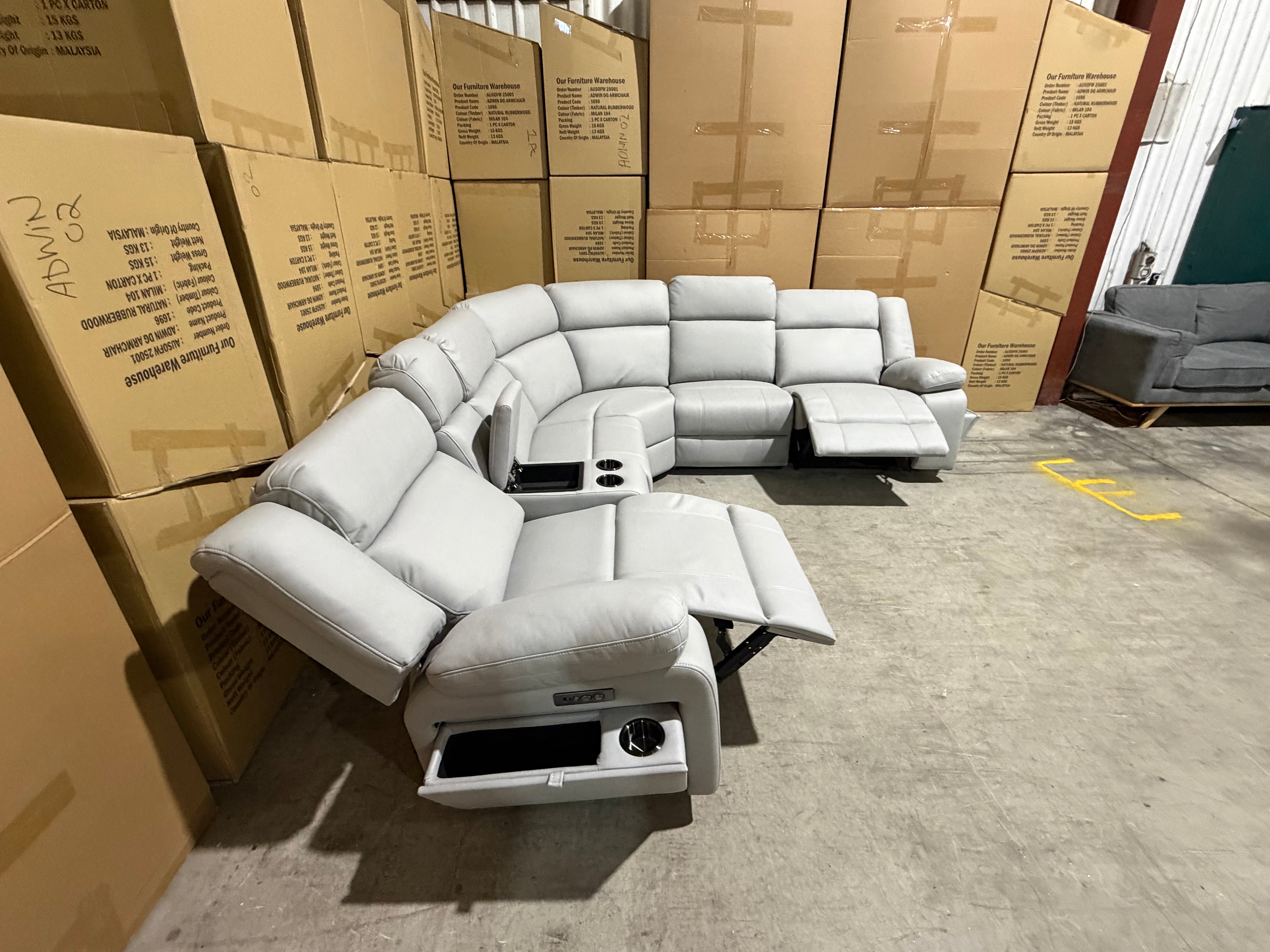 Kenso 6pce modular Lounge with 2 Dual Motion Recliners Soft Rhino Light Grey