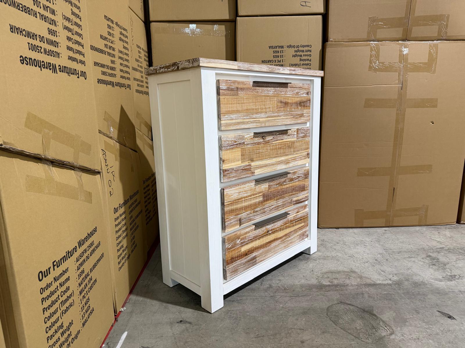 Springbrook Tallboy with 4 draws driftwood/ white finish acacia timber