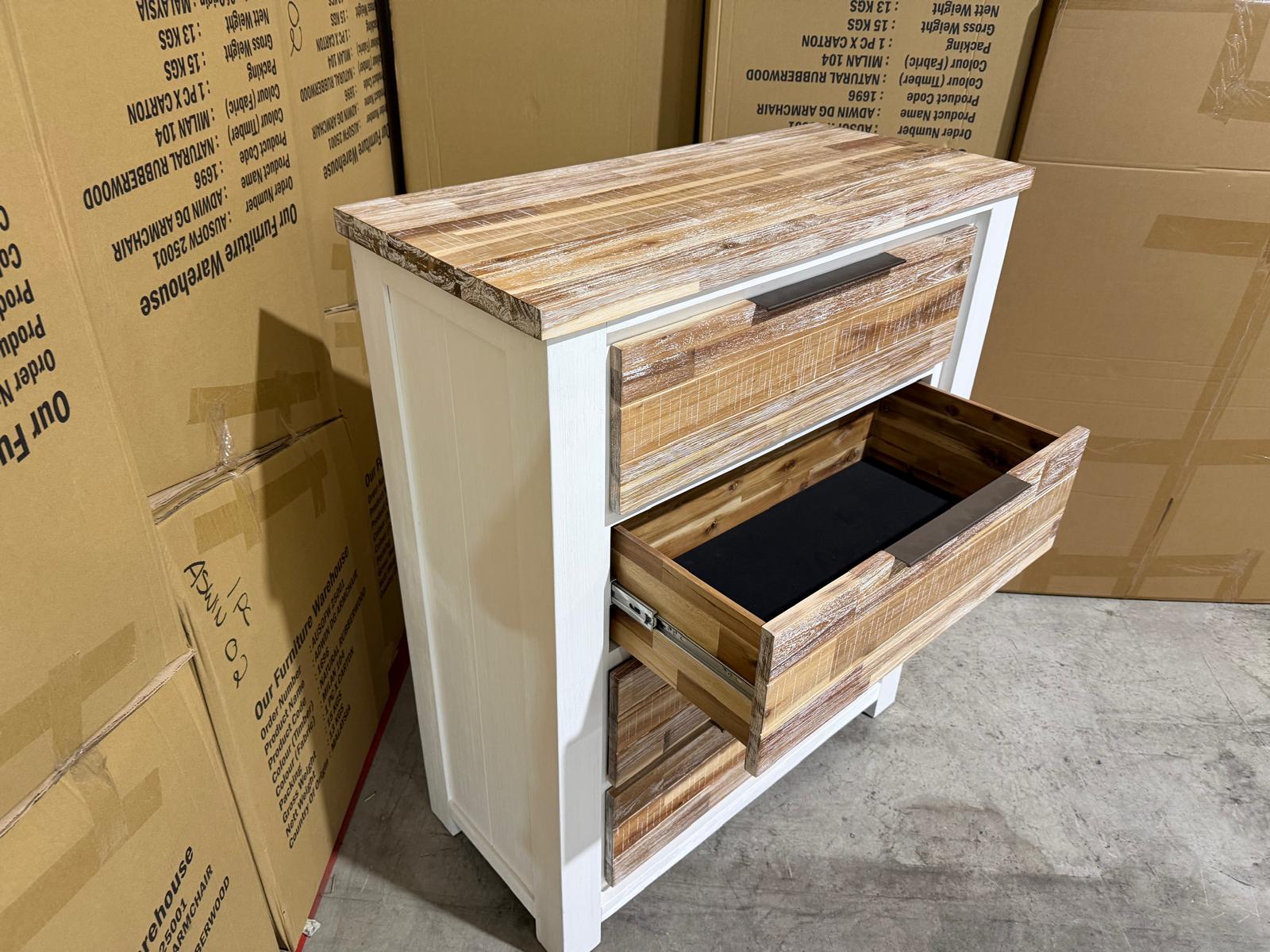 Springbrook Tallboy with 4 draws driftwood/ white finish acacia timber