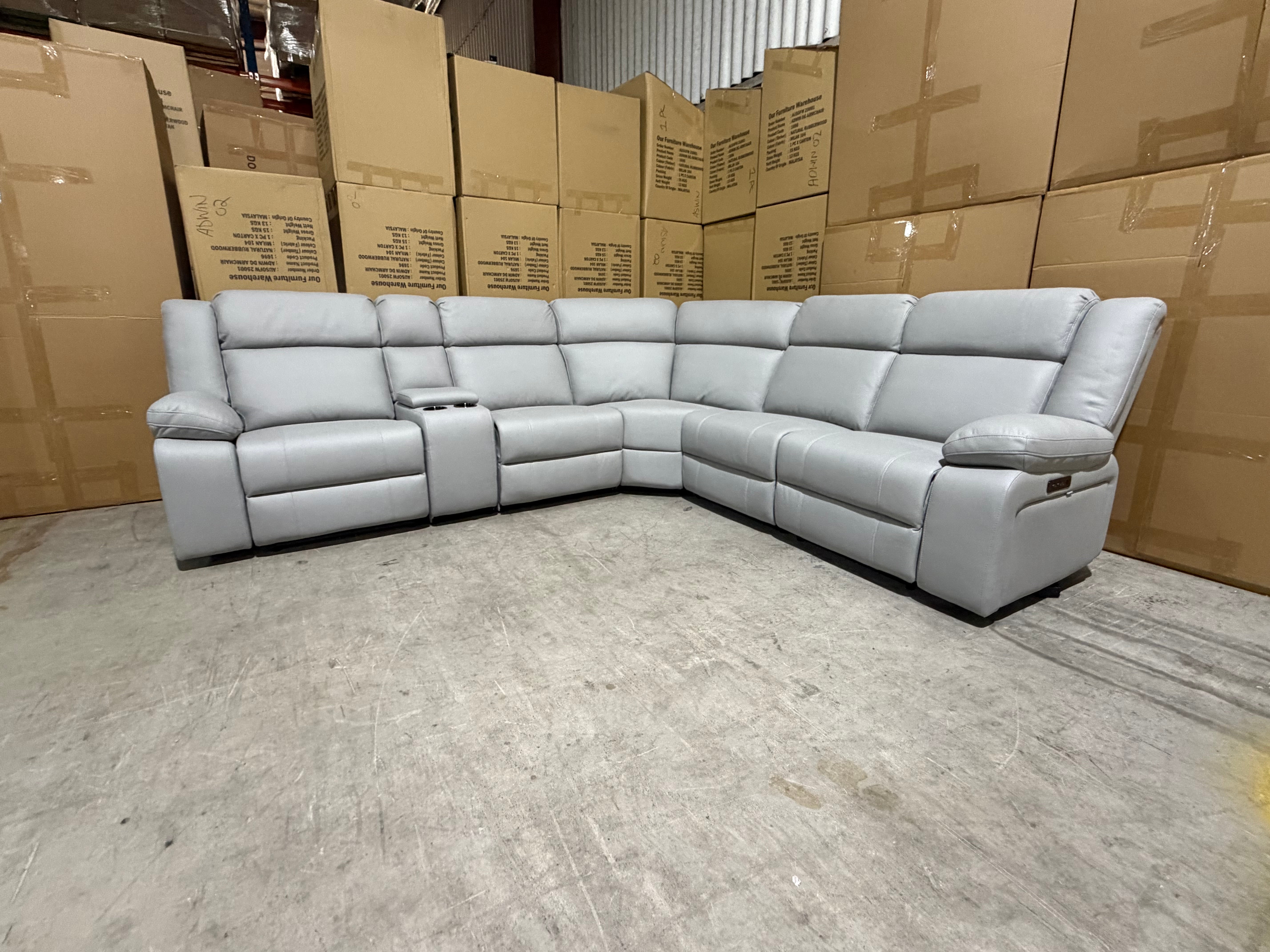 Kenso 6pce modular Lounge with 2 Dual Motion Recliners Soft Rhino Light Grey