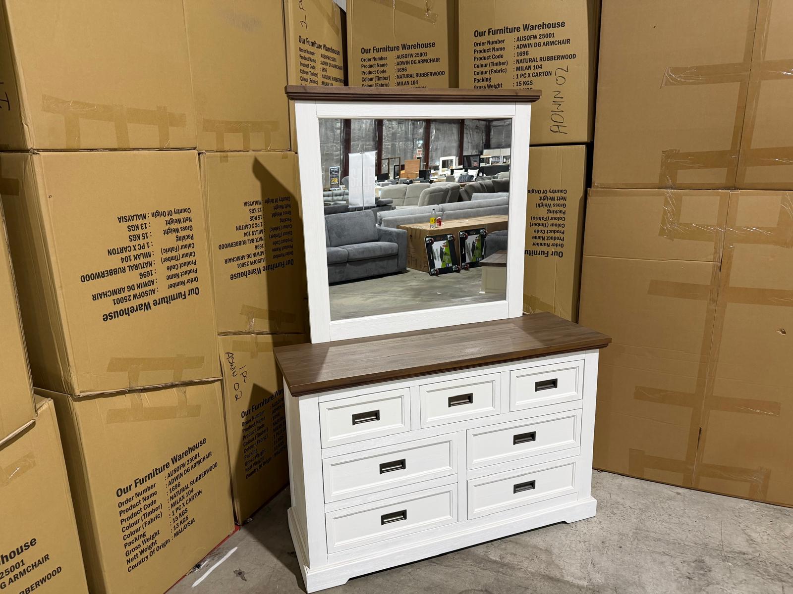 Hamptons dressing table and mirror two tone finish