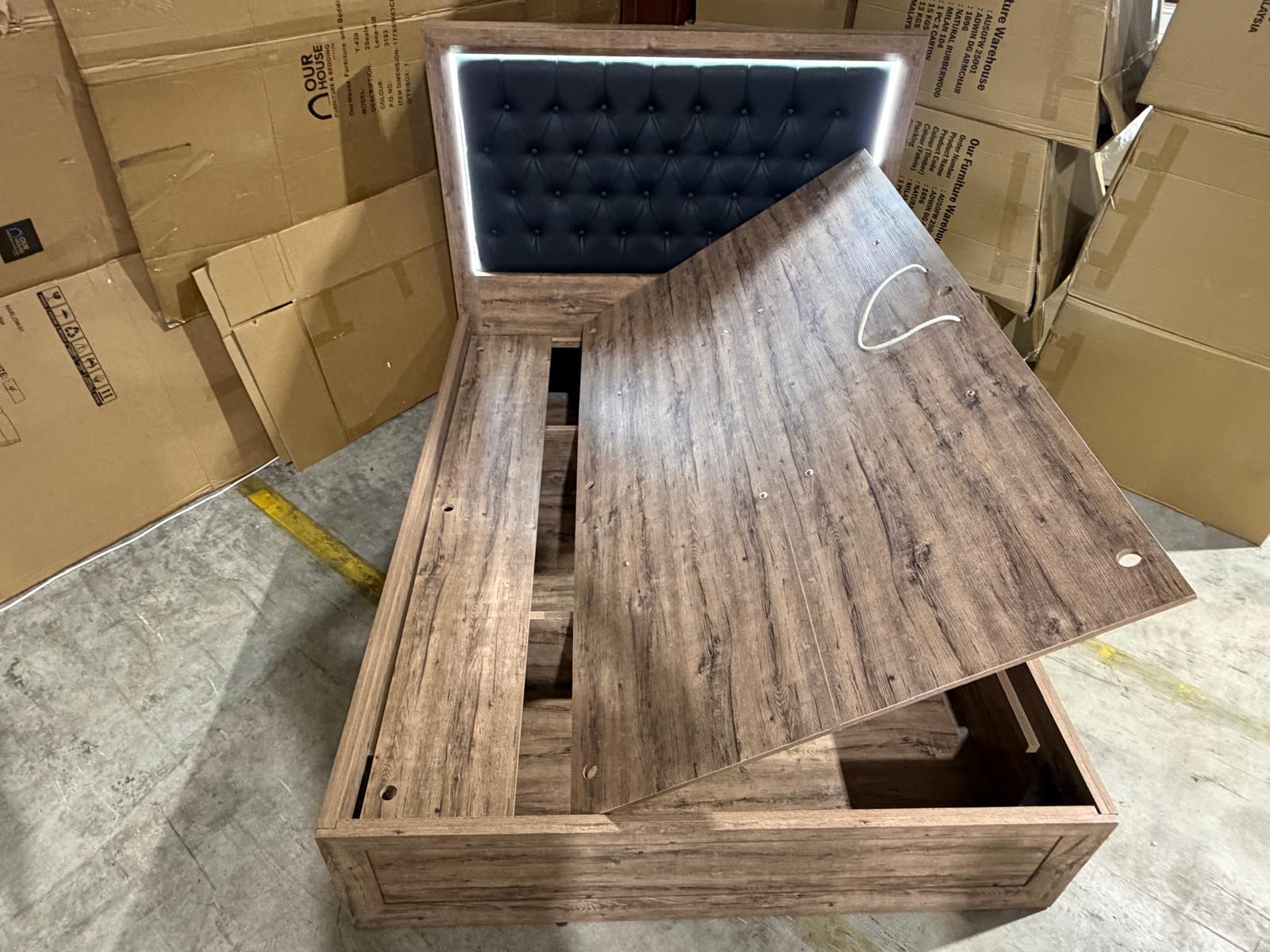 Manly Frank King size bed with gas lift storage and LED lights in ric walnut