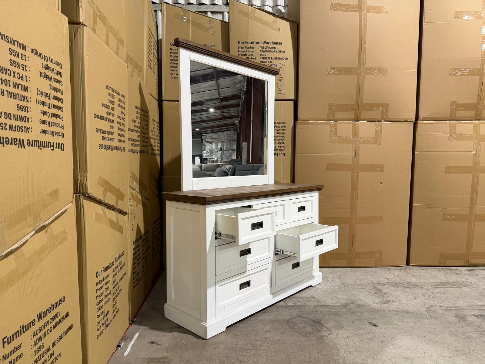 Hamptons dressing table and mirror two tone finish